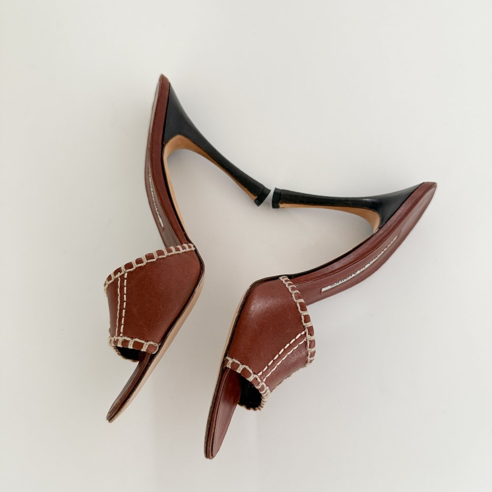 Manolo Blahnik Brown Leather Stitched Sandal Heels (IT 36 Manolo Blahnik Brown Leather Stitched Sandal Heels (IT 36