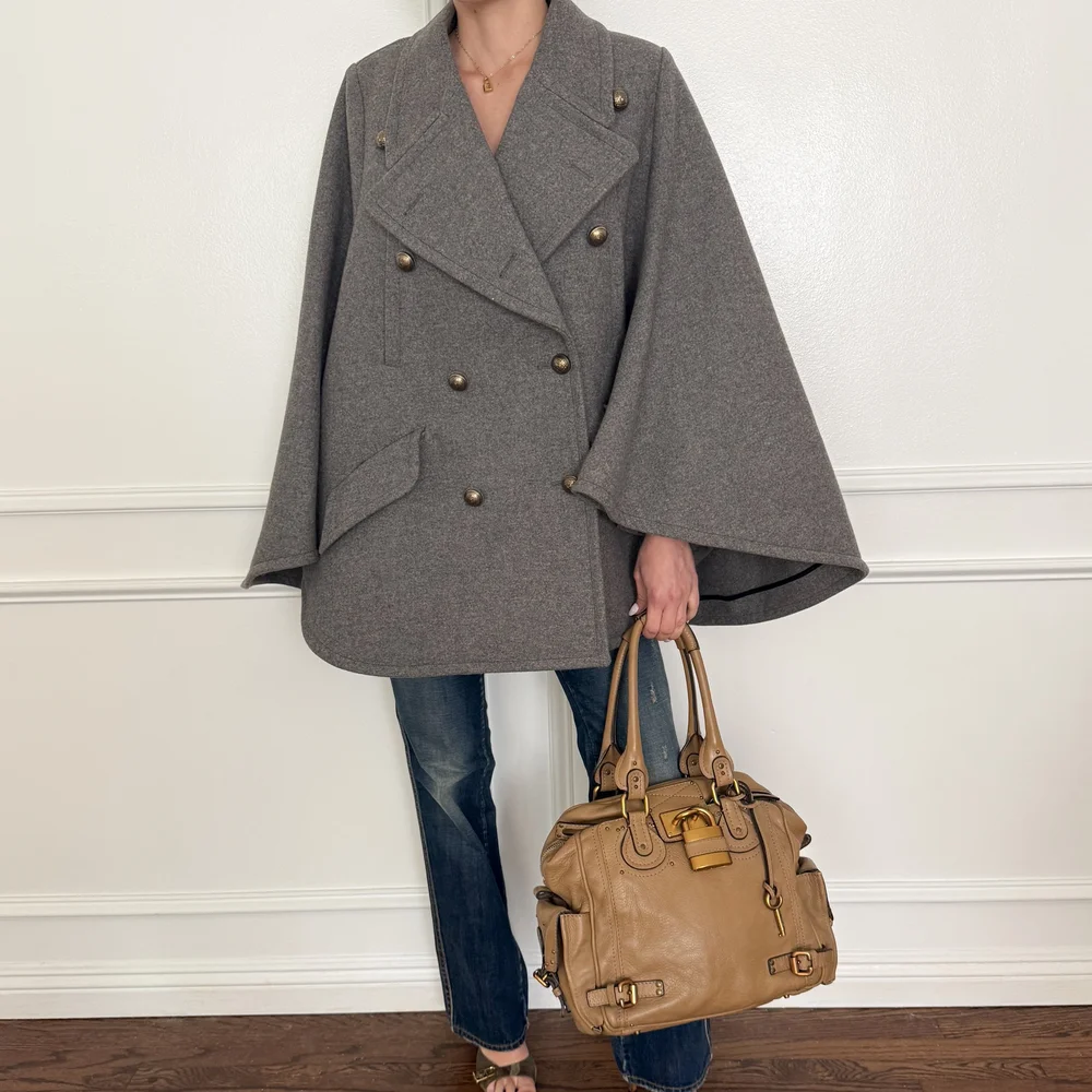 Chloé F/W 2015 Runway Gray Double-Breasted Peacoat Cape (Large