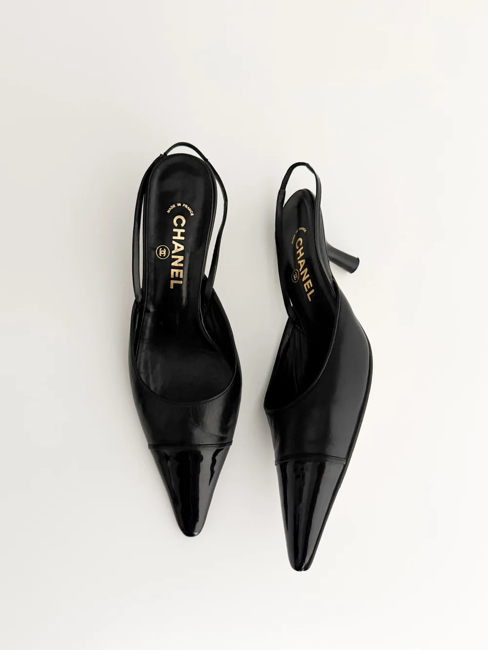 Chanel Iconic Vintage Black Toe Cap Leather Kitten Slingback Heels