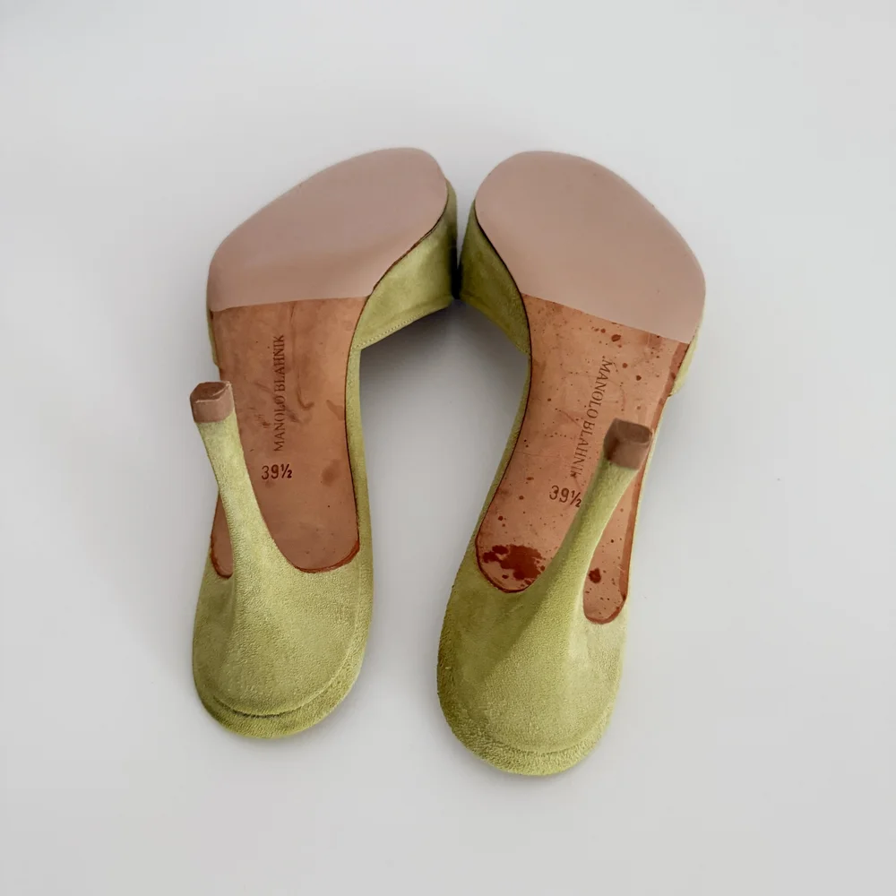 Manolo Blahnik Soft Green Suede Leather Eyelet Sandal Heels (US