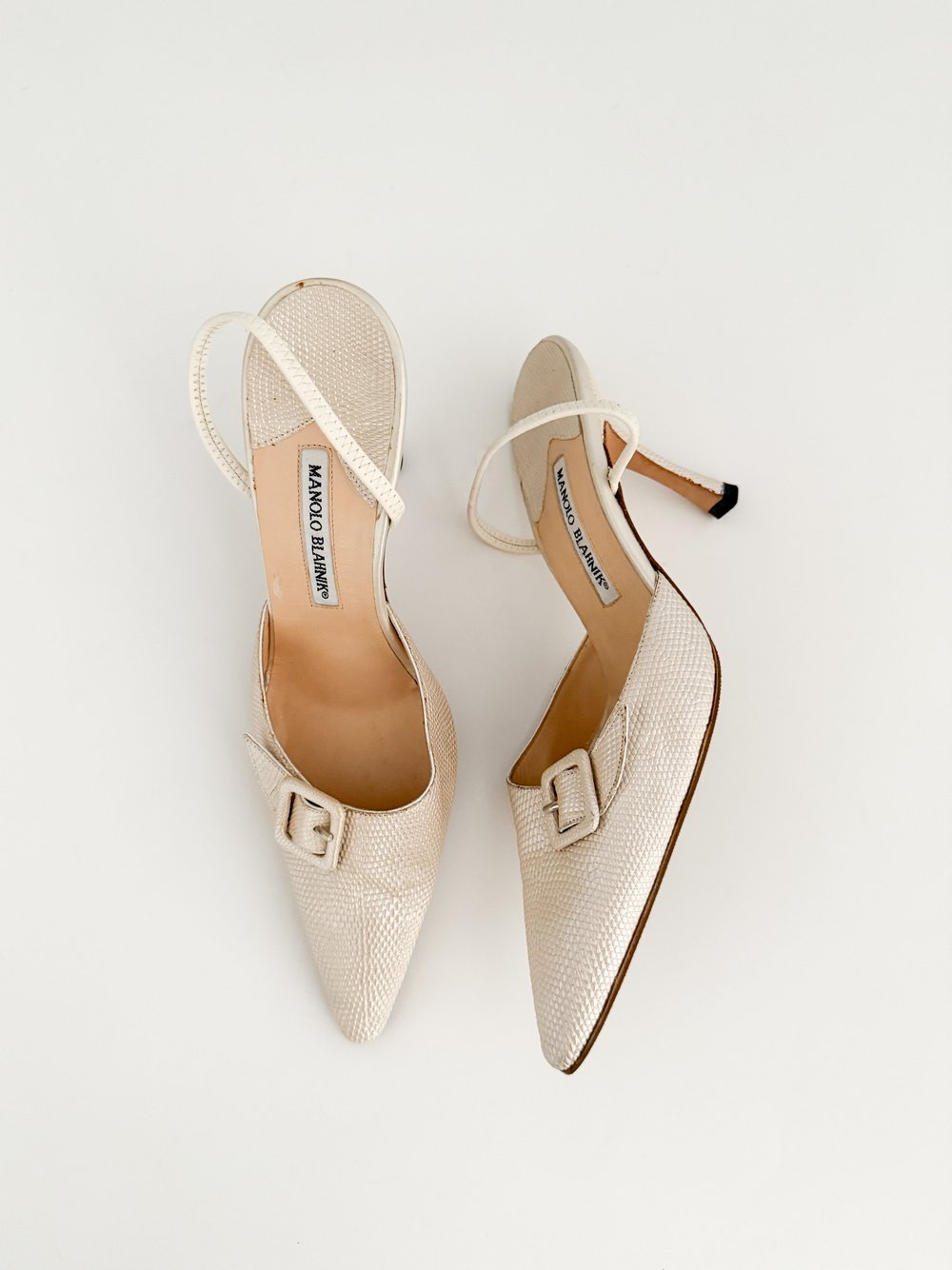 Manolo Blahnik Vintage Ivory Buckle Mule Heels (US 8.5 / IT 39