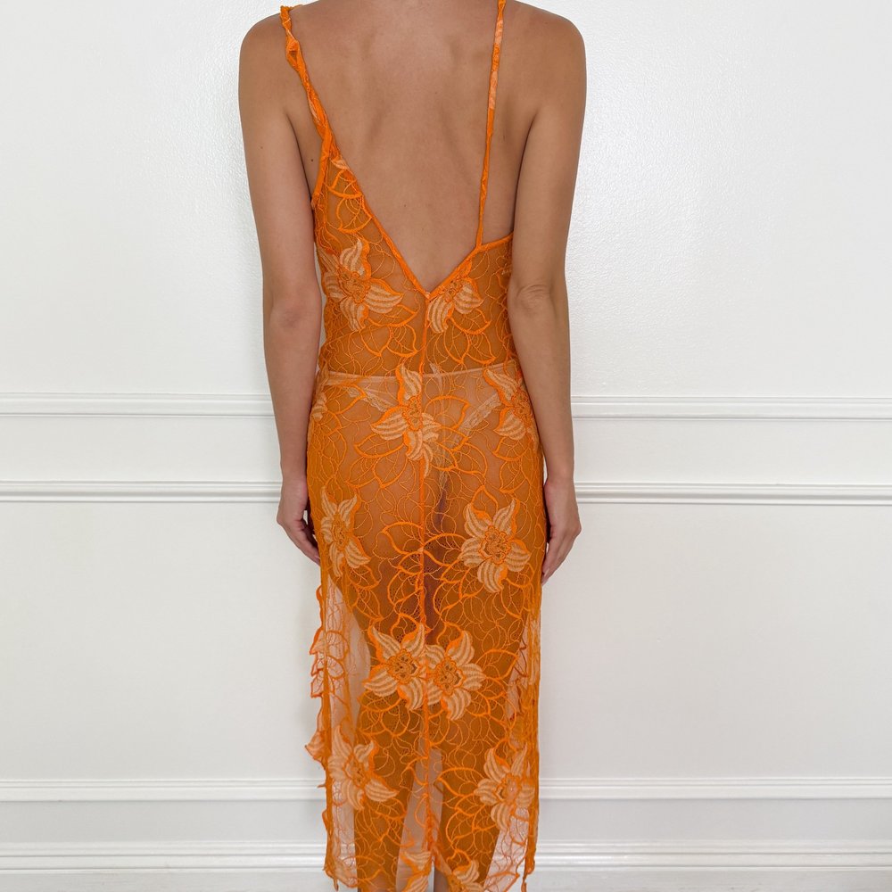 La Perla Vintage Asymmetrical Orange Sheer Floral Lace Dress (M-L