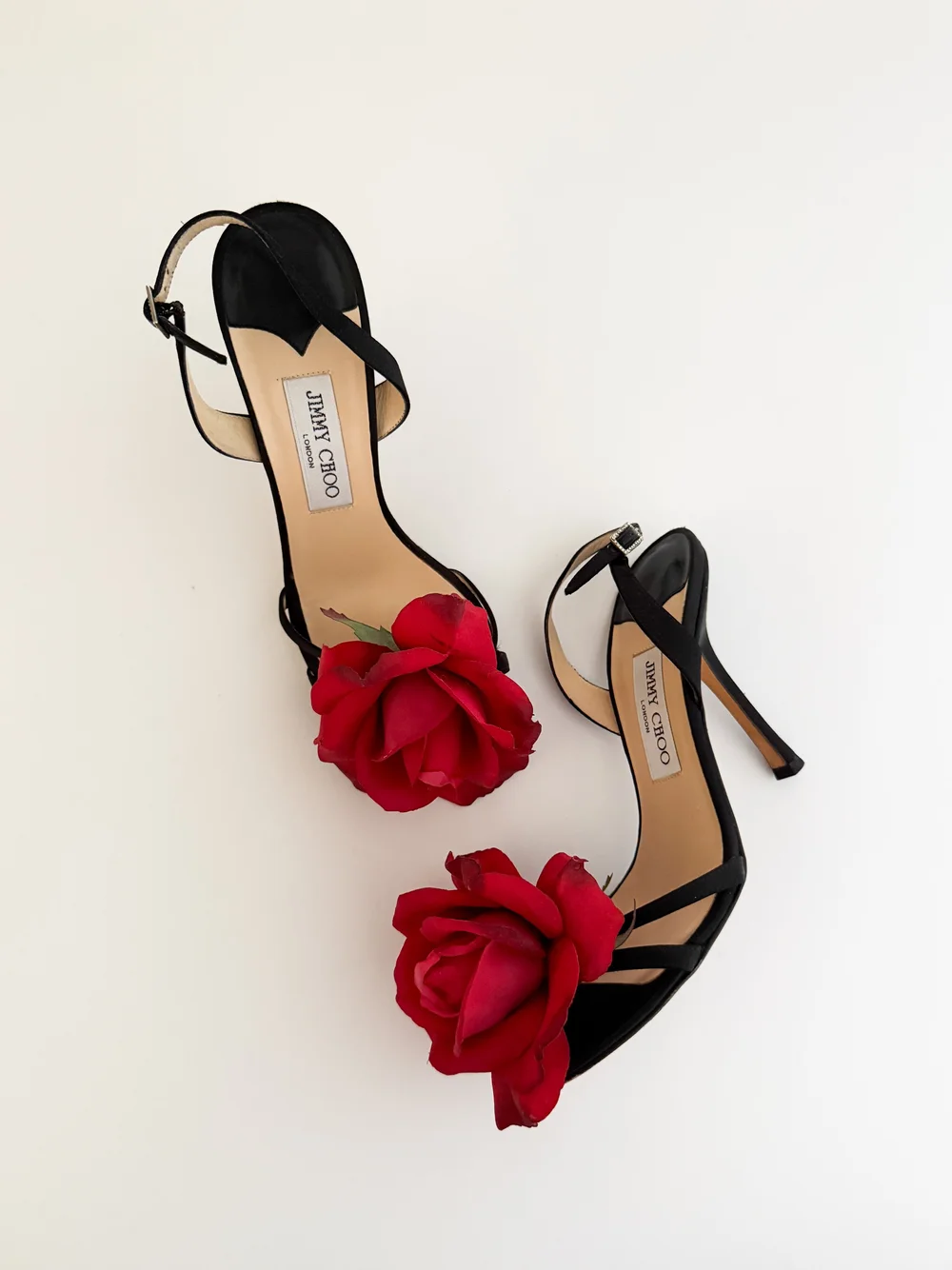 Jimmy Choo Black Strappy Sandal Heels With Red Rose Clips (US 8.5