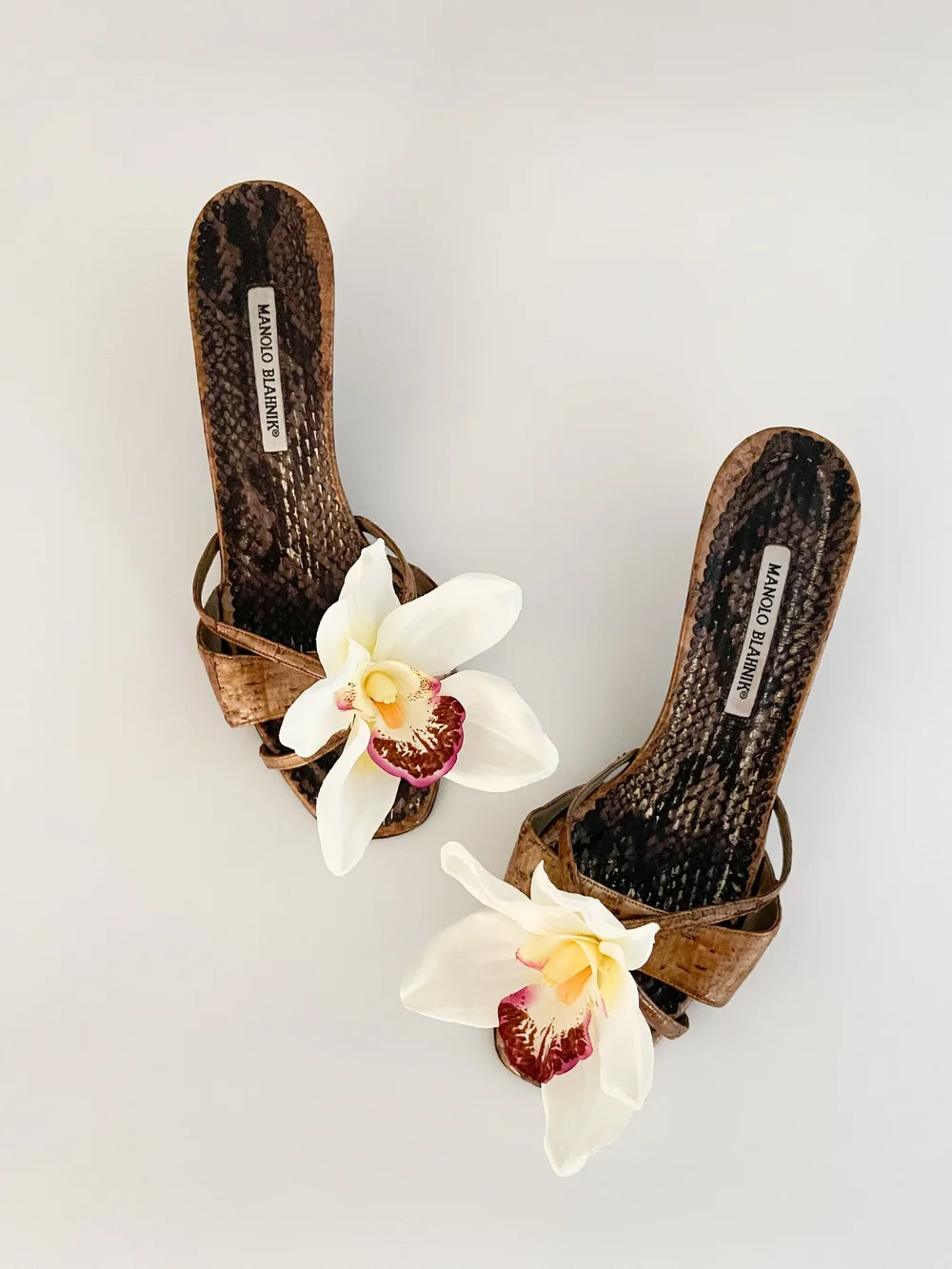 Manolo Blahnik Kitten Sandal Heels With Reworked Faux White Orchid 