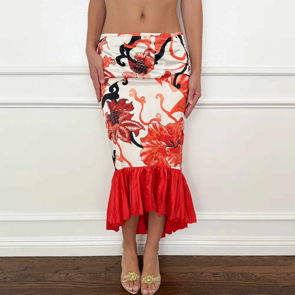 Roberto Cavalli Just Cavalli White & Red Floral Skirt (M-L