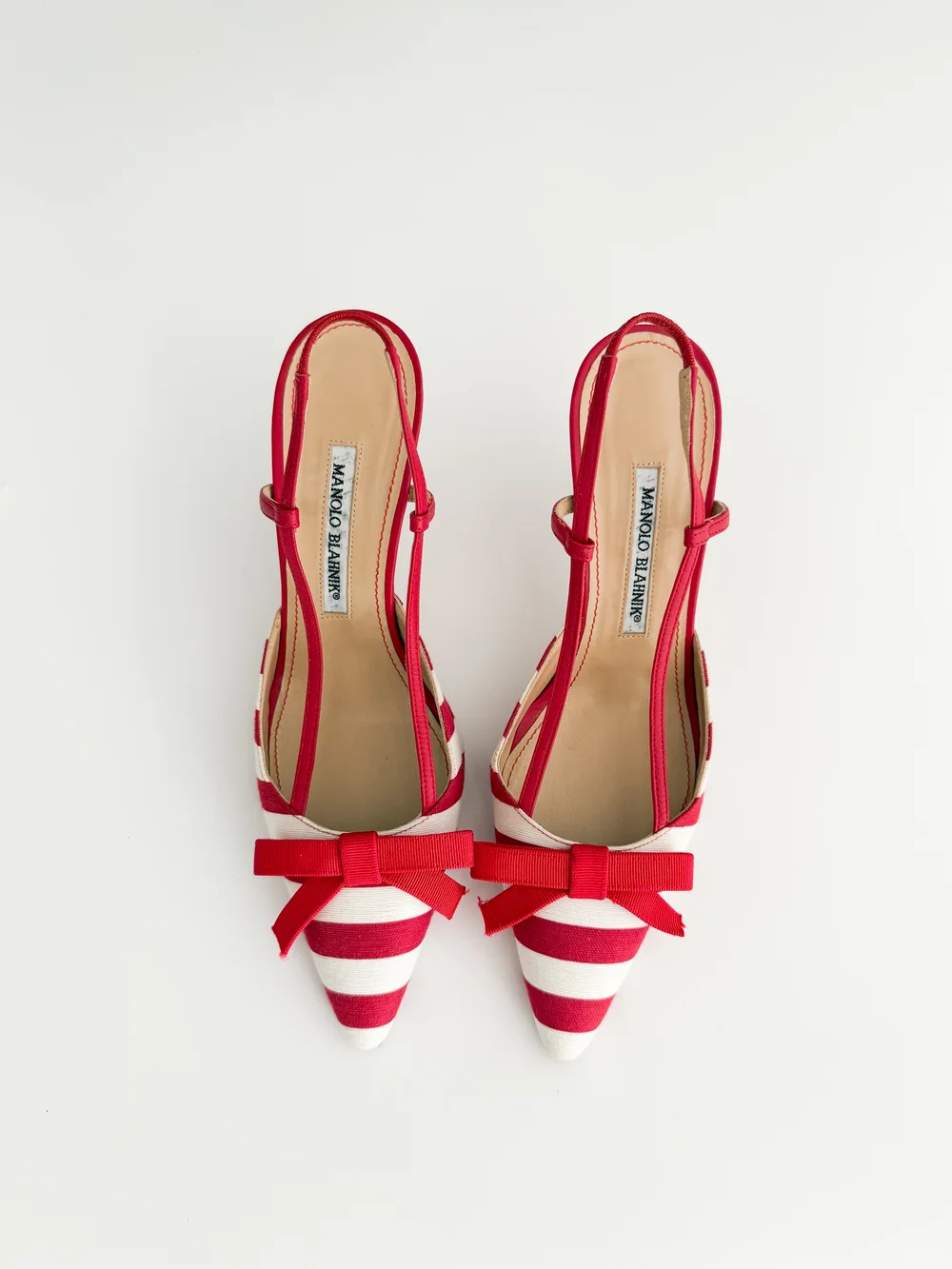 Manolo Blahnik Red & White Stripe Bow Slingback Heels (US