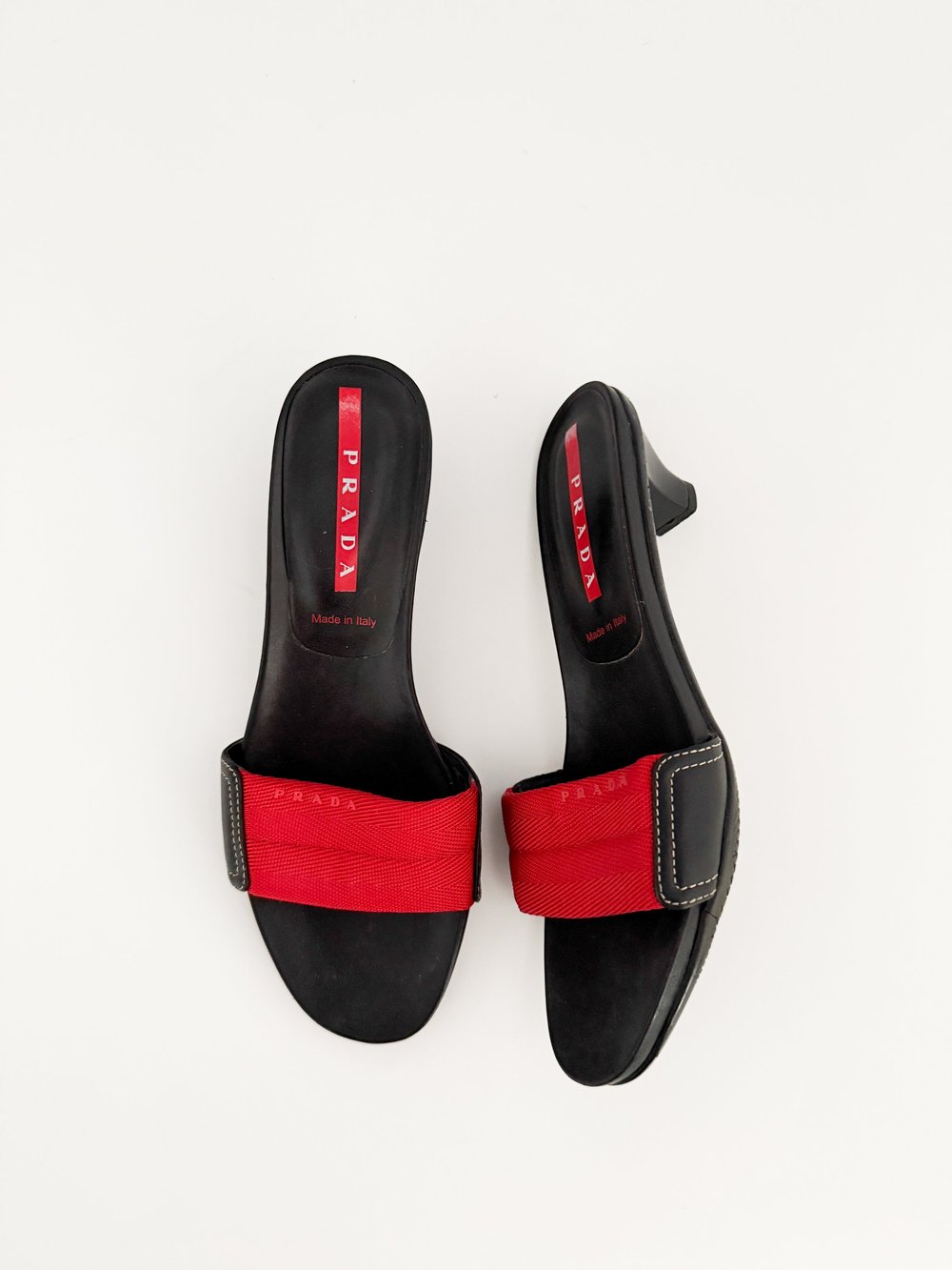 Prada Sport Vintage Black & Red Logo Kitten Sandal Heels (US 8.5