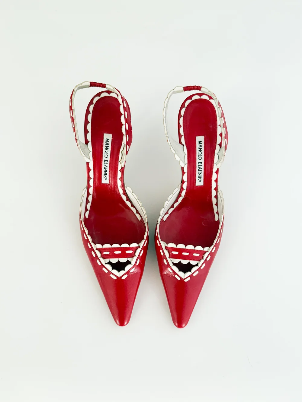 Manolo Blahnik Red & White Scallop Leather Slingback Mule
