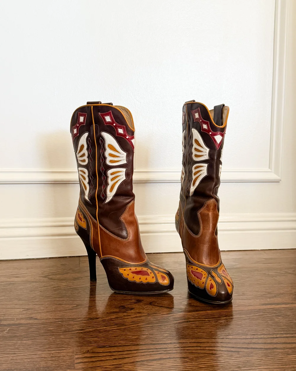 Dolce & Gabbana D&G Vintage Leather Butterfly Cowboy Boot Heels