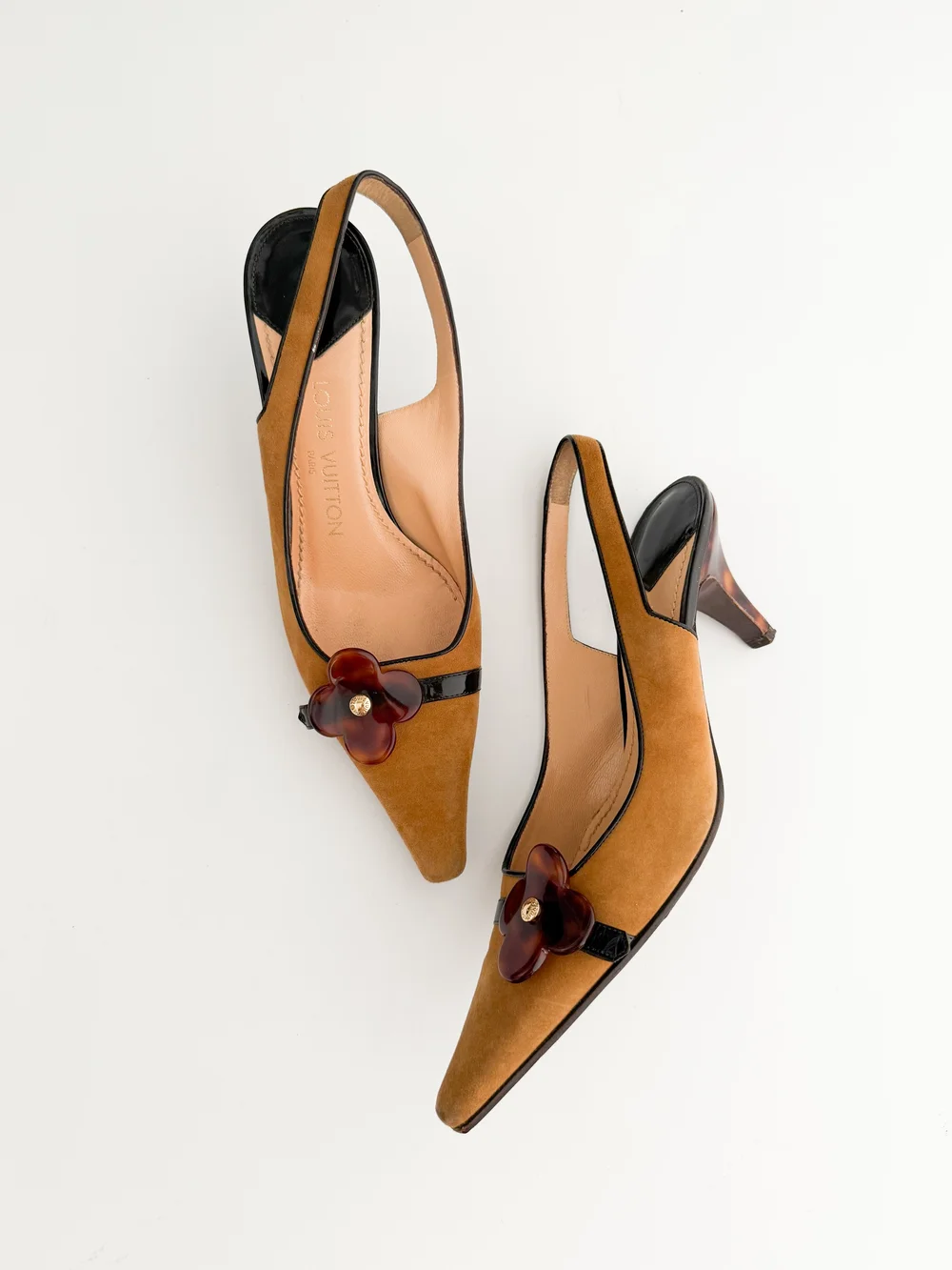 Louis Vuitton Vintage Flower Logo Suede Slingback Tortoise Shell