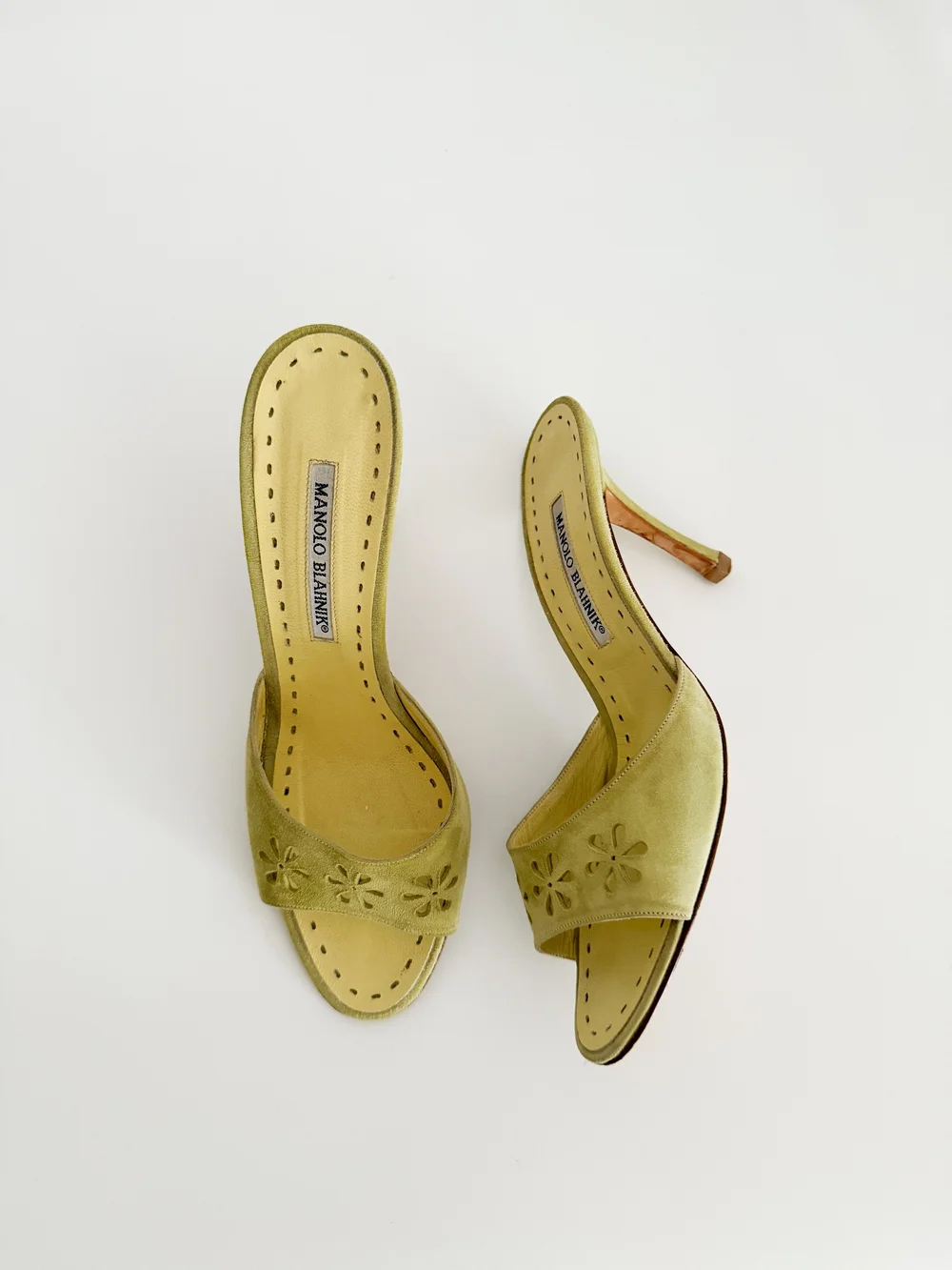 Manolo Blahnik Soft Green Suede Leather Eyelet Sandal Heels (US