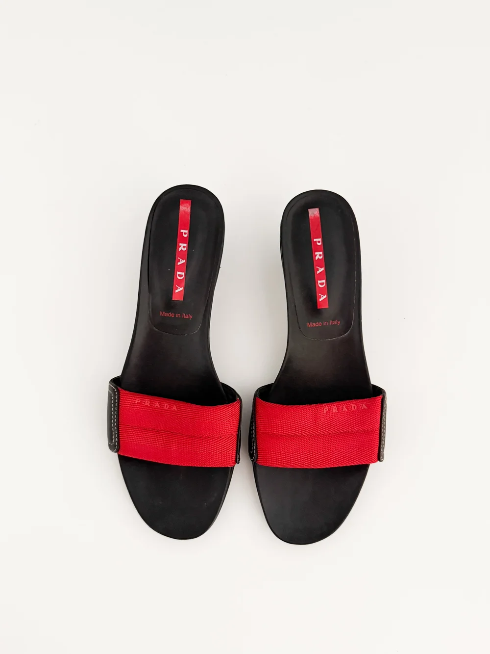 Prada Sport Vintage Black & Red Logo Kitten Sandal Heels (US