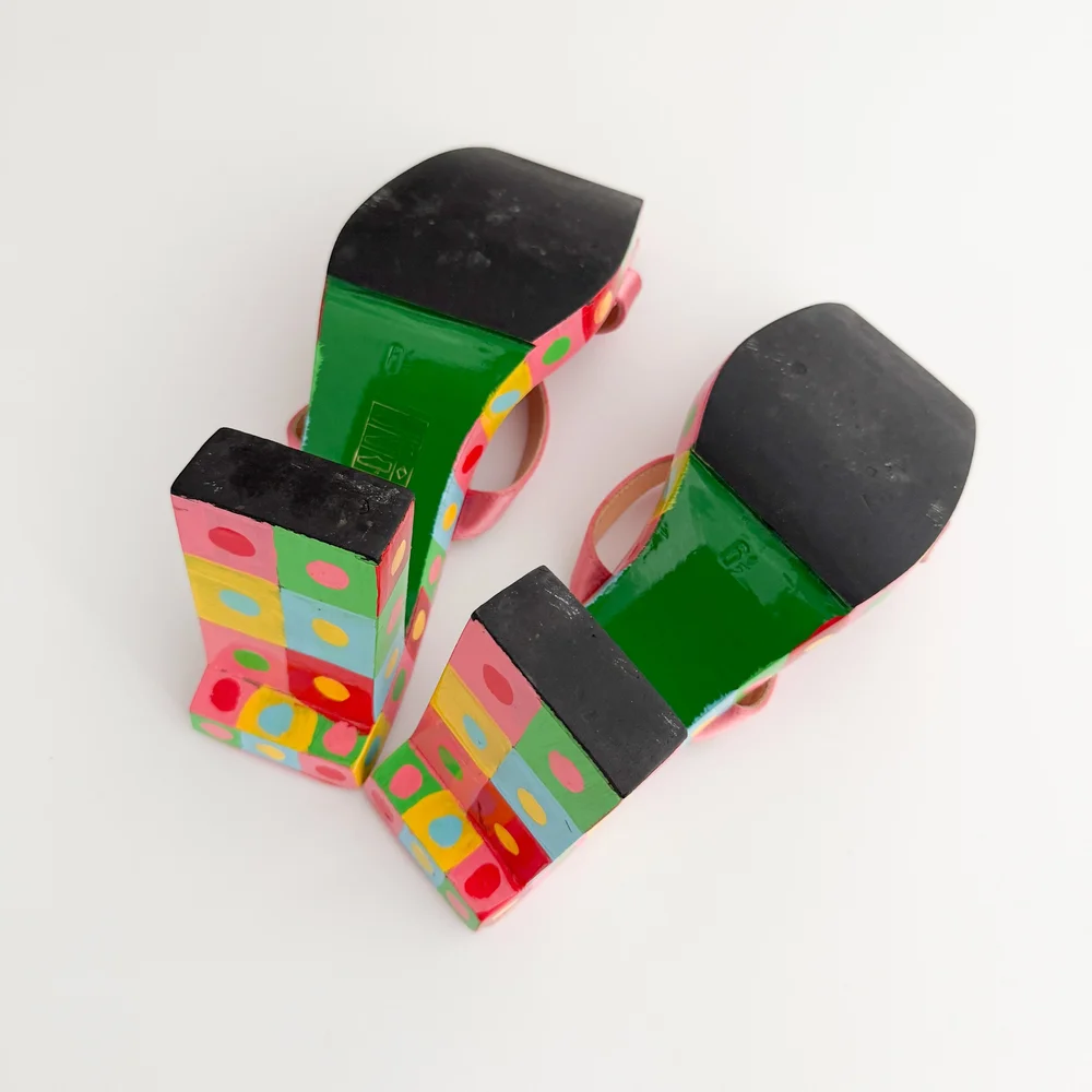 Fendi Vintage Hand-Painted Wooden Block Sandal Heels (US 6.5