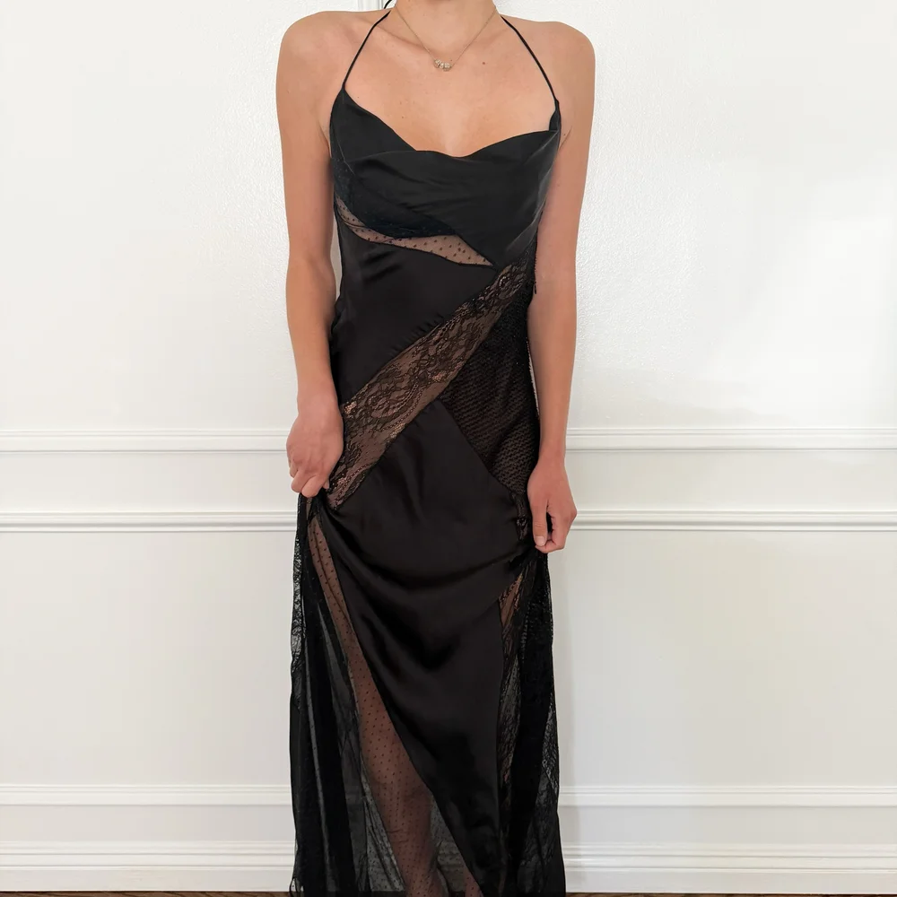 Pinko Black Patchwork Sheer Lace Maxi Slip Gown (Small)  sororit.