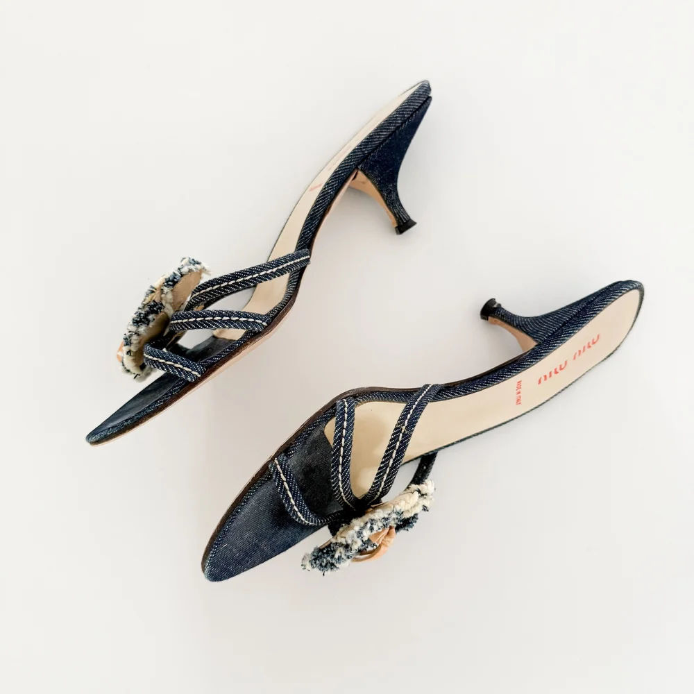 Miu Miu Vintage Denim Flower Sandal Heels (US 7.5 / IT 37.5