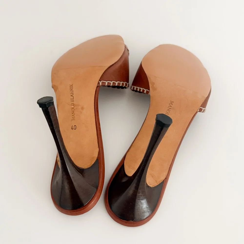 Manolo Blahnik Brown Leather Stitched Sandal Heels (US 9.5
