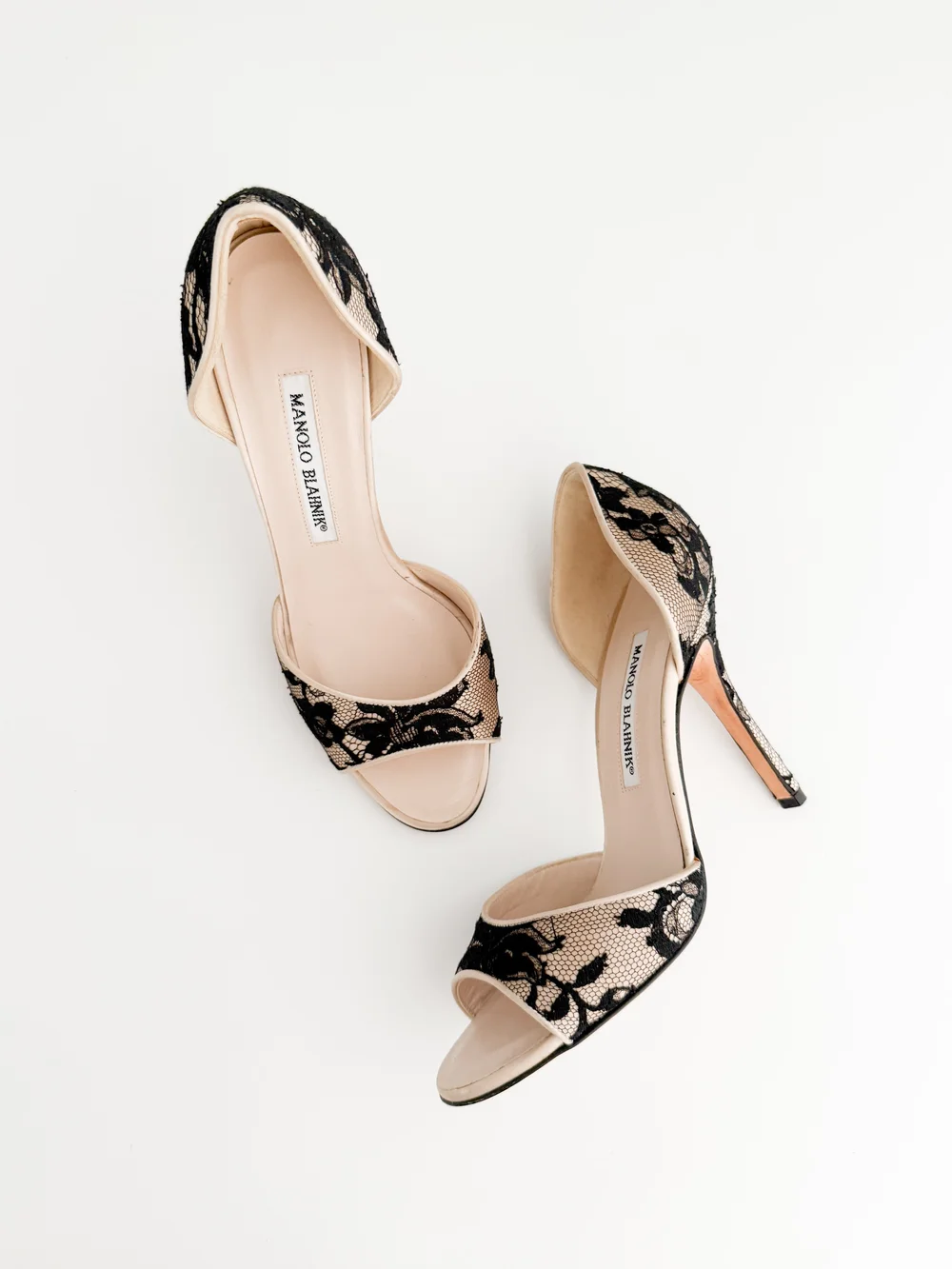 Manolo Blahnik Champagne & Black Lace D'orsay Heels (US 8