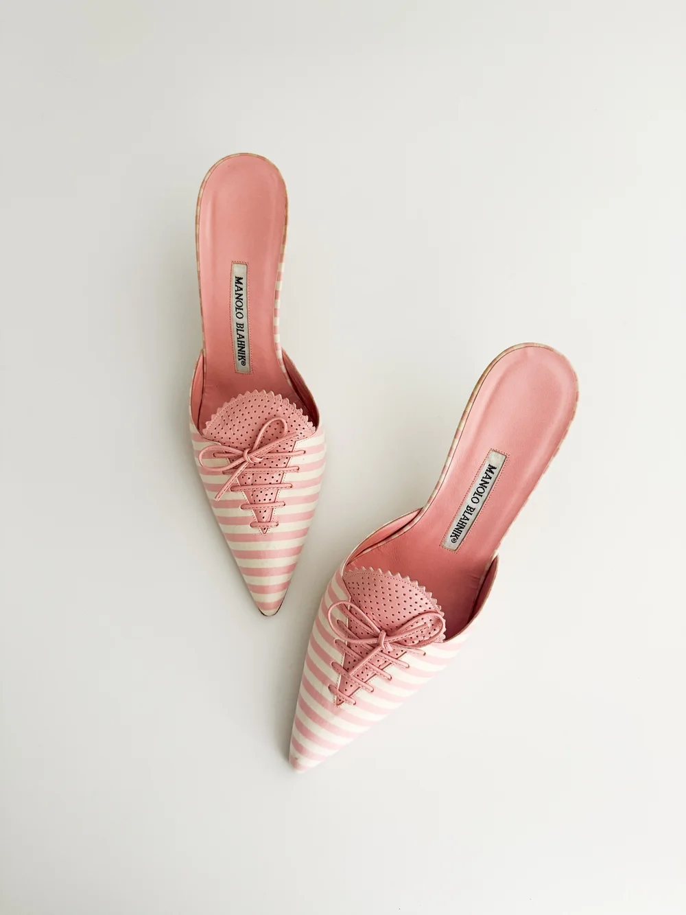 Manolo Blahnik Pink & White Stripe Bow Mule Heels (US 8.5