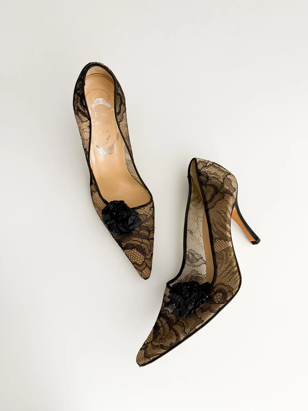 René Caovilla Vintage Italian Black Lace Floral Heels (US 7.5 / IT
