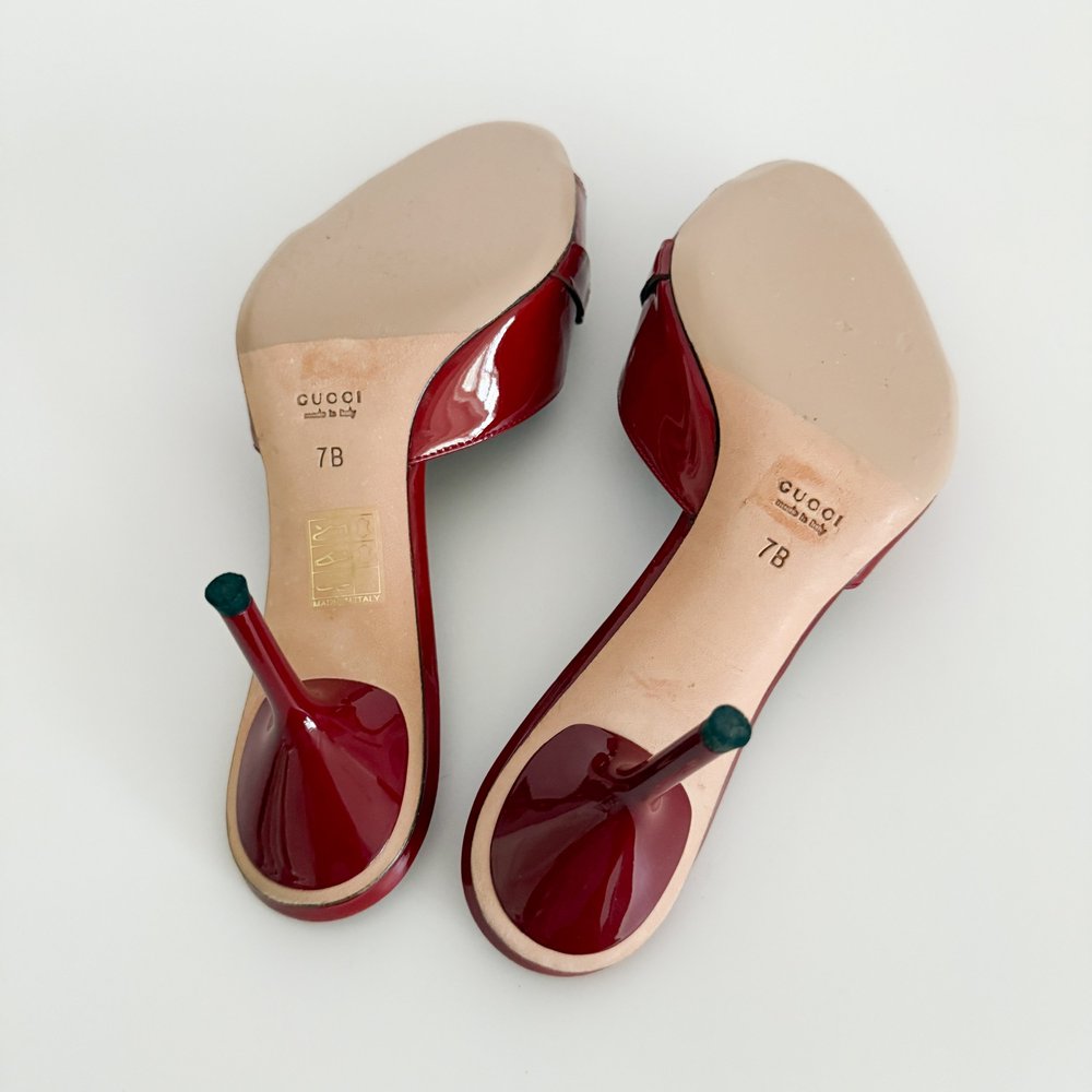 Gucci Dark Red Patent Leather Horsebit Sandal Heels (US 7.5 / 7B