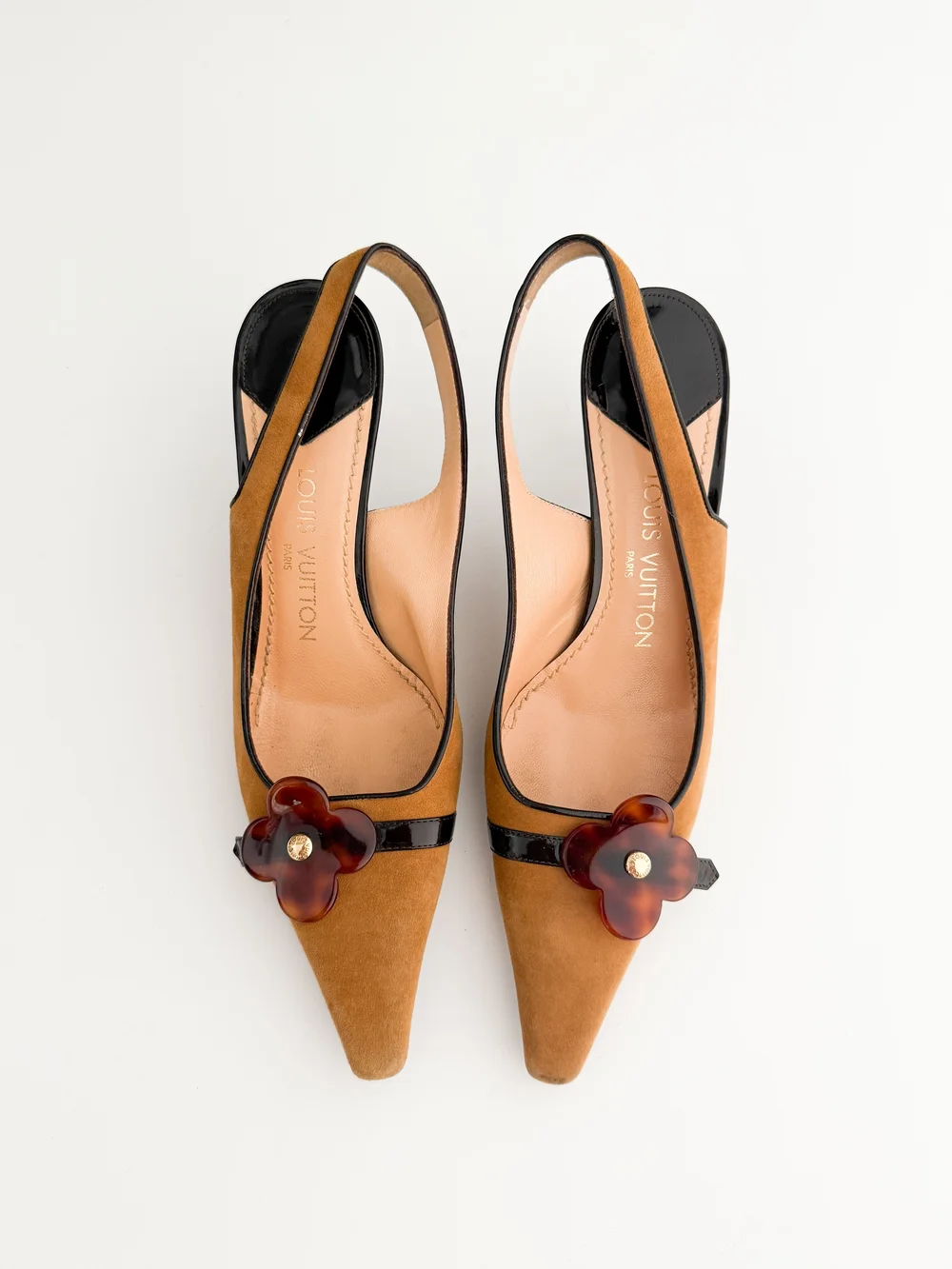 Louis Vuitton Vintage Flower Logo Suede Slingback Tortoise Shell