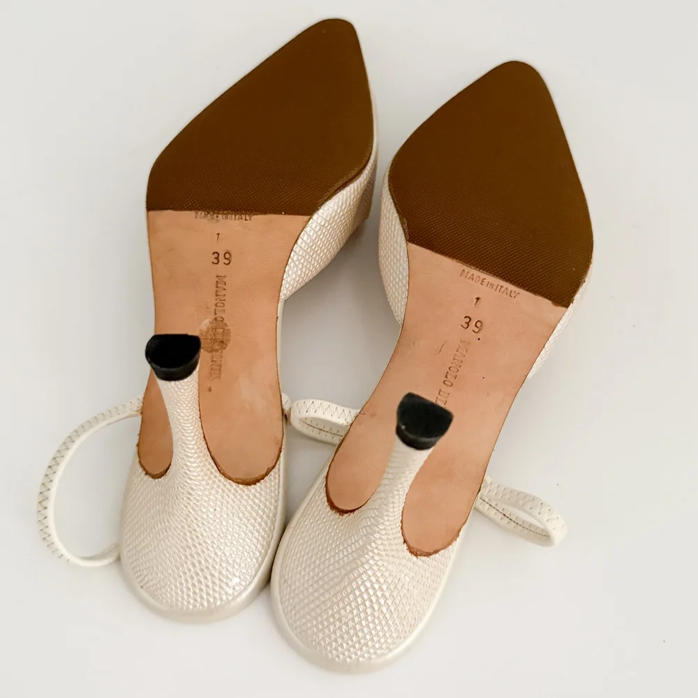 Manolo Blahnik Vintage Ivory Buckle Mule Heels (US 8.5 / IT 39