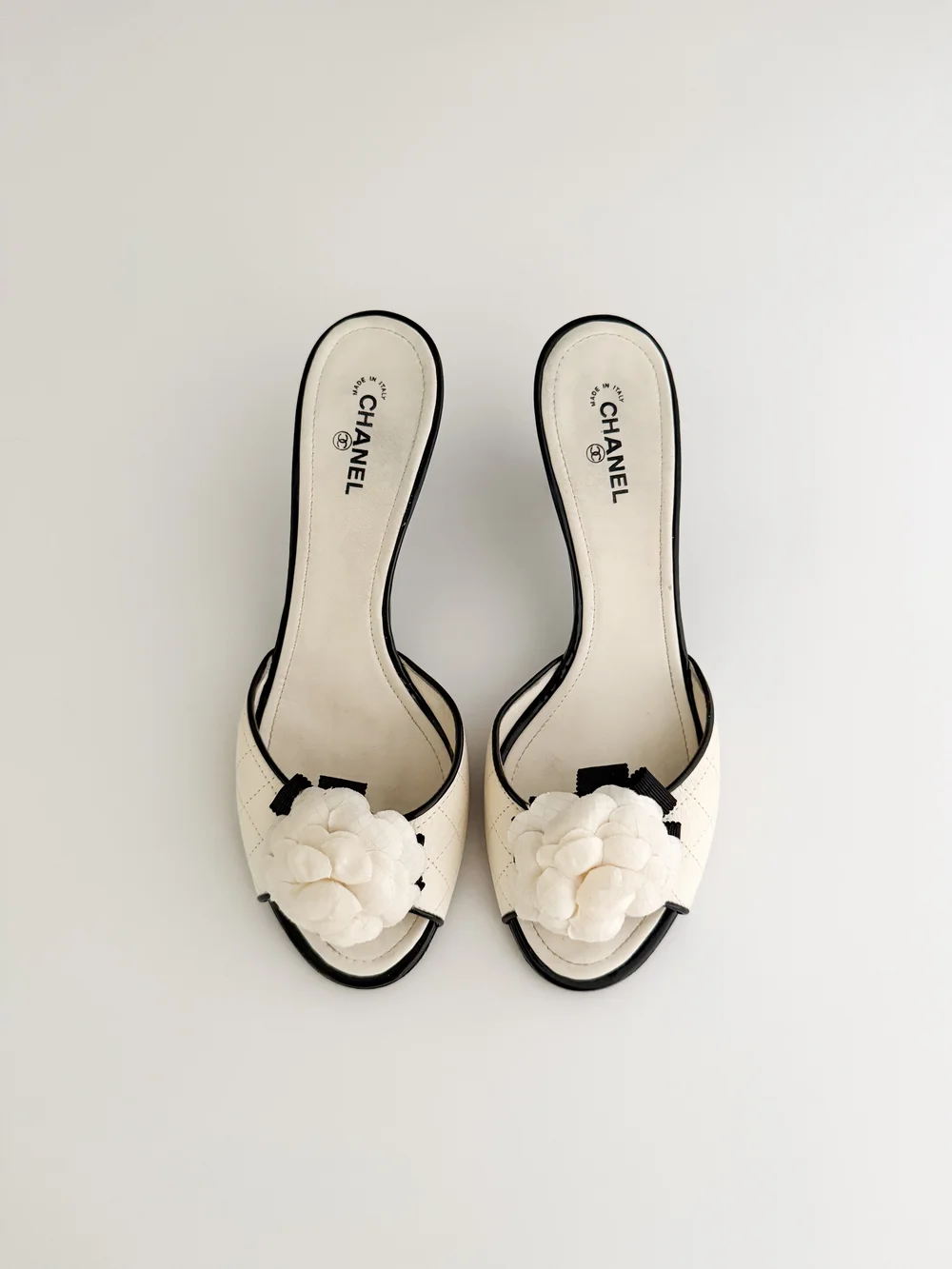 Chanel 2007 Iconic Camellia Ivory Black Sandal Heels (US IT — 