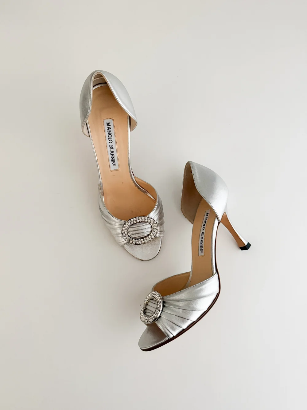 MANOLO BLAHNIK 花 ビジュー ピンヒール サンダル 37 RG74 Manolo Blahnik Iconic Silver D'Orsay Rhinestone Heels - As Seen On
