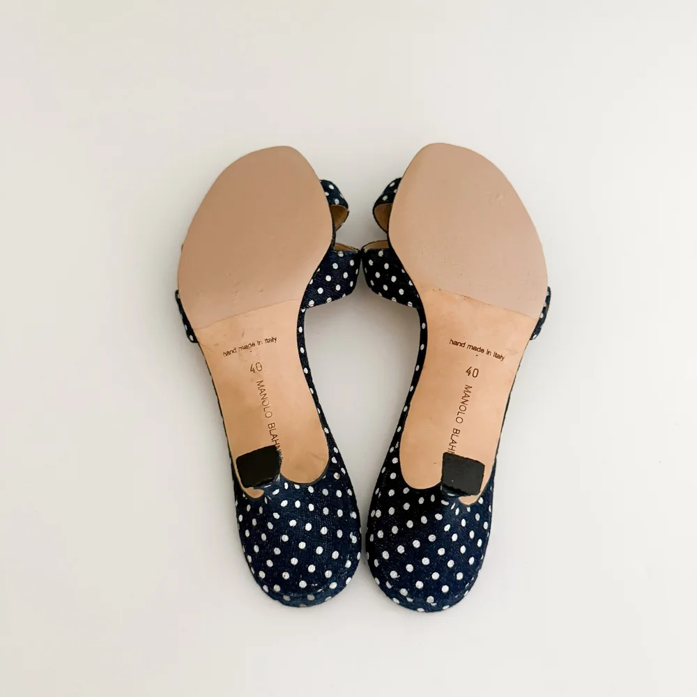 Manolo Blahnik Dark Blue & White Polka Dot Sandal Heels (US