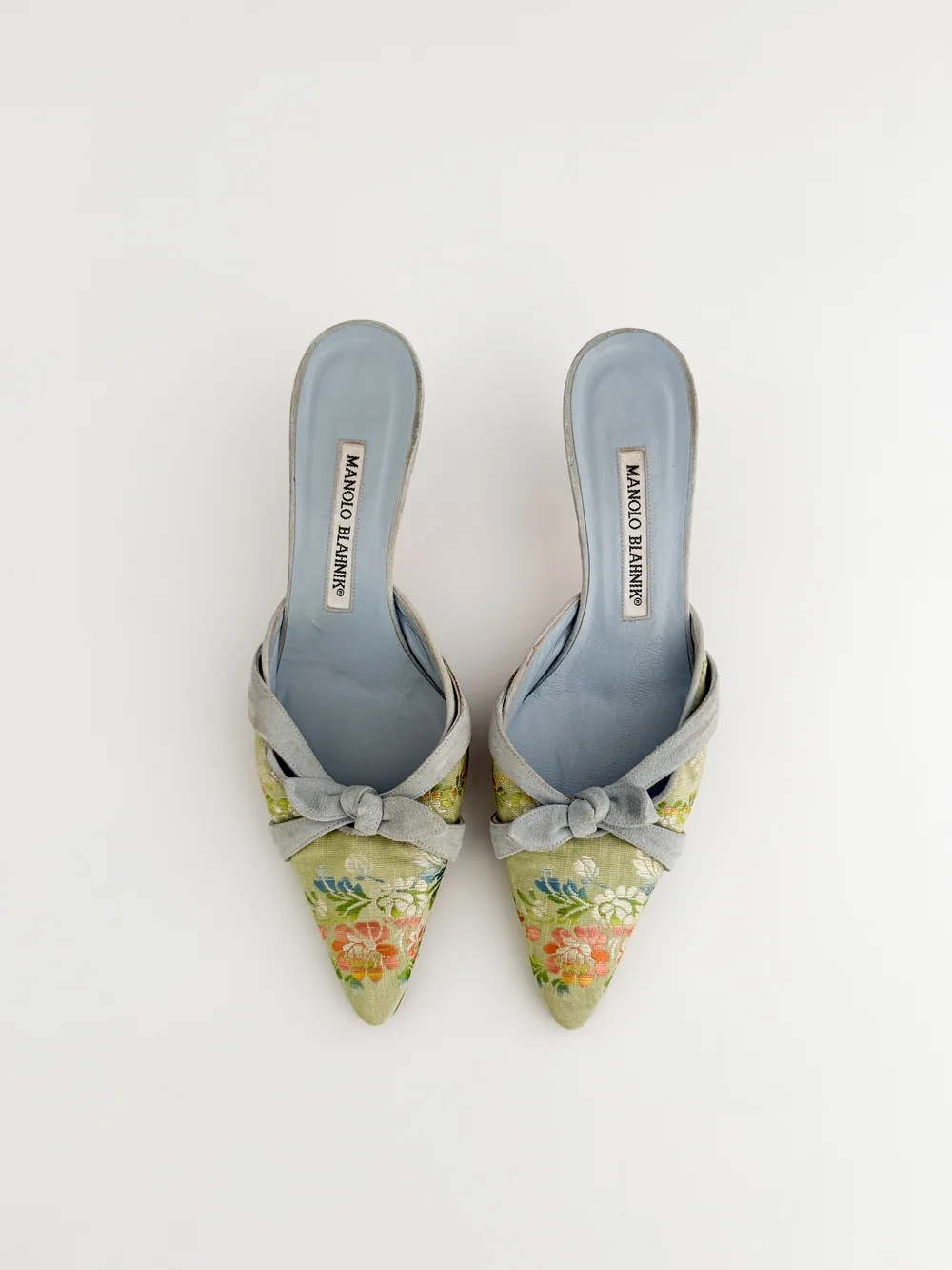 Manolo Blahnik Floral Bow Kitten Mule Heels (IT 36.5