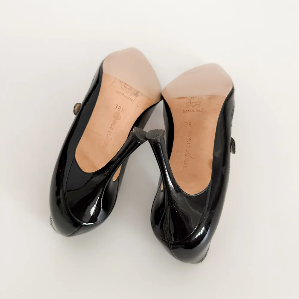 Manolo Blahnik Iconic Black Patent Leather Mary Jane Heels - As