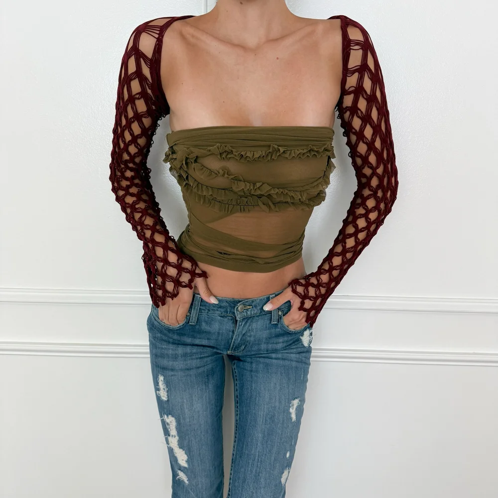トップス Jean Paul Gaultier Sculpted Neck Bolero Jean Paul Gaultier Vintage Burgundy Mesh Bolero (S-M) — sororité.