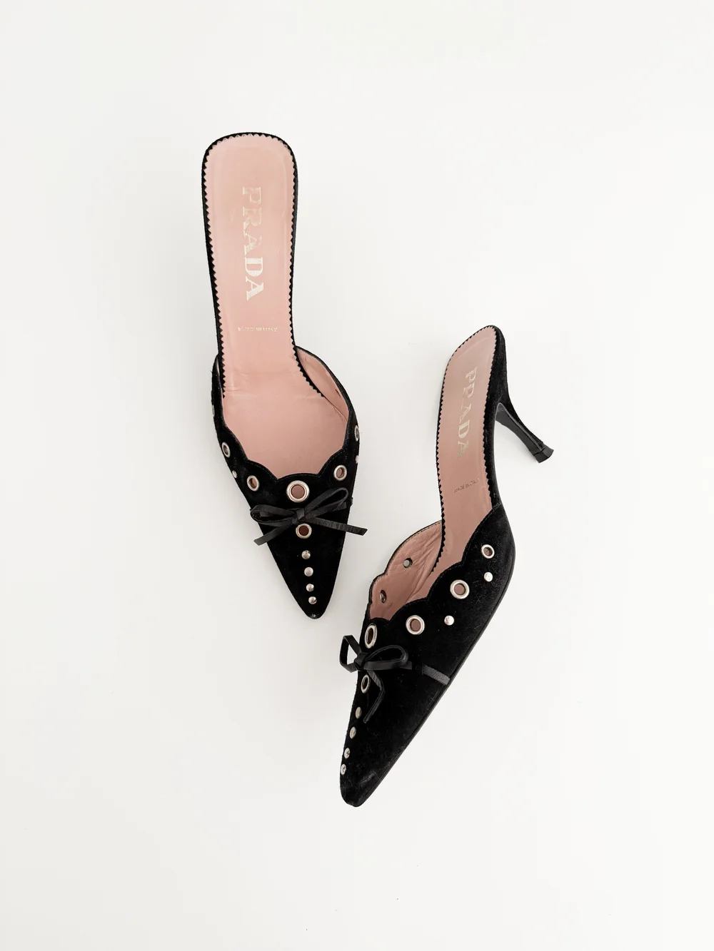 Prada Iconic Black Eyelet Bow Mule Heels (US 7 / IT 37