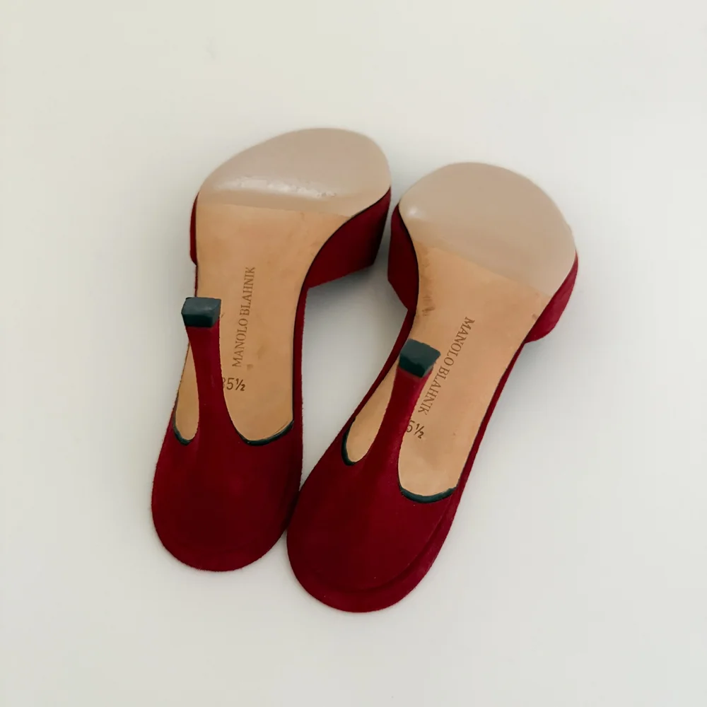 Manolo Blahnik Iconic Wine Red Suede Leather Eyelet Sandal Heels