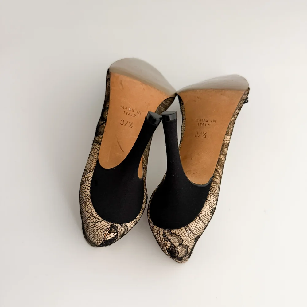 René Caovilla Vintage Italian Black Lace Floral Heels (US 7.5 / IT
