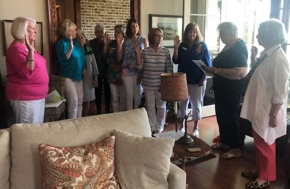 L-R: Pam Snyder, regent; Flo Phillips, Historian; Johnnie Cowan, 2nd Vice Regent; Janie Lott, Recording Secretary; Becky Ruth, Corresponding Secretary; Kristen Dollason, 1st Vice Regent; Patti Sutula, Treasurer; Candy Gallup, Registrar; Outgoing Chaplain Hazel Winstead, Connie Bull, Chaplain.