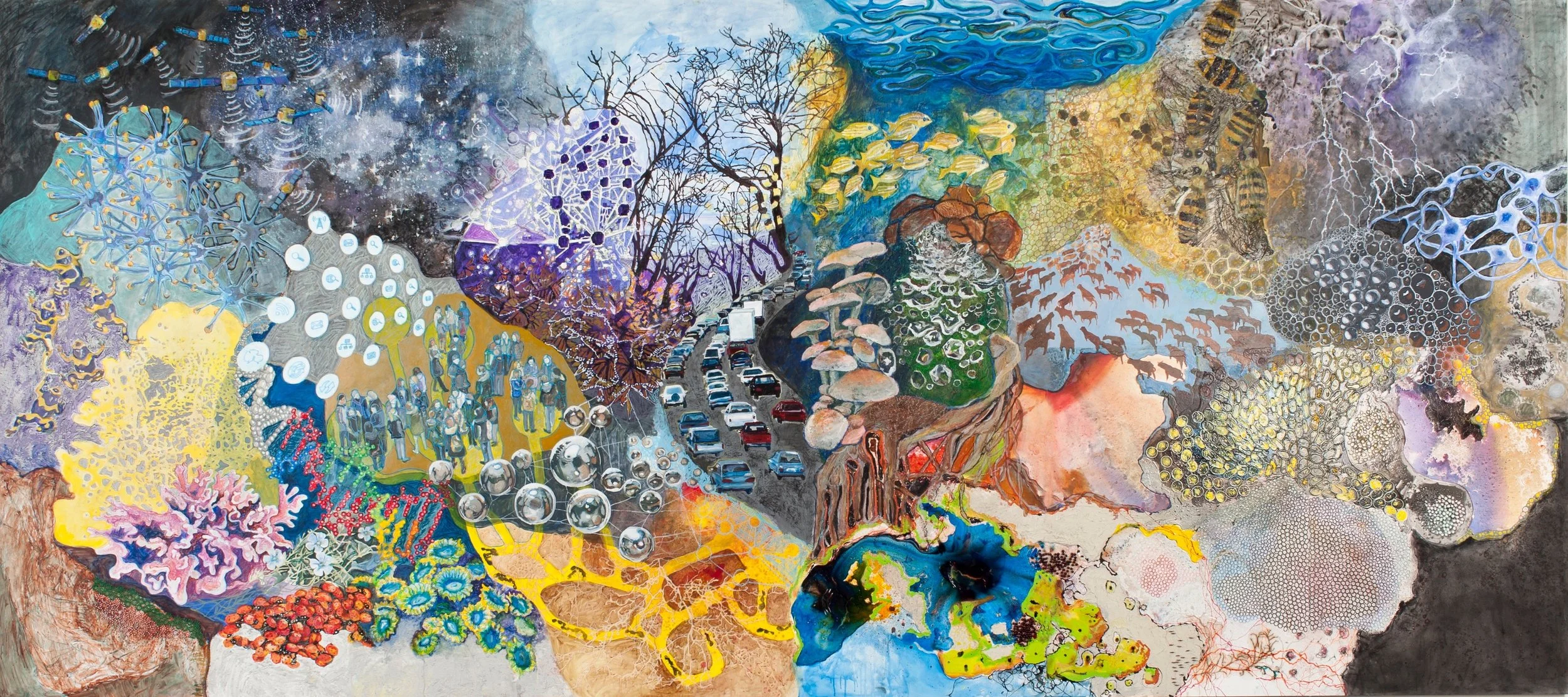 Overview, acrylic, chalk, ink, lava gel, oil pastels, rubber bands on panel, 8 ft x 18 ft, 2015 🔴