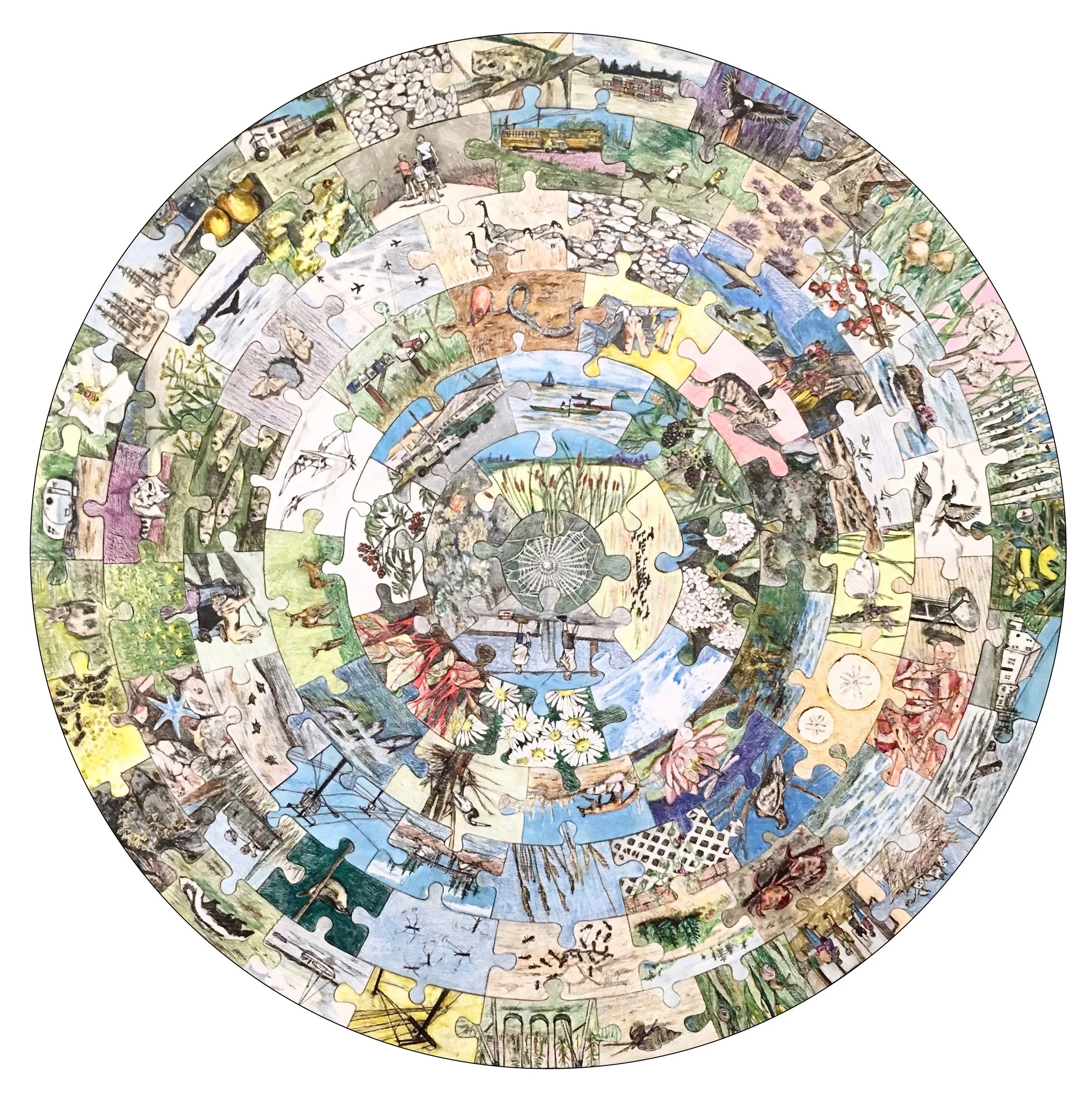 Land-Sea-Air, ink, graphite, colored pencil on wood, 36 x 36 inches, 2016