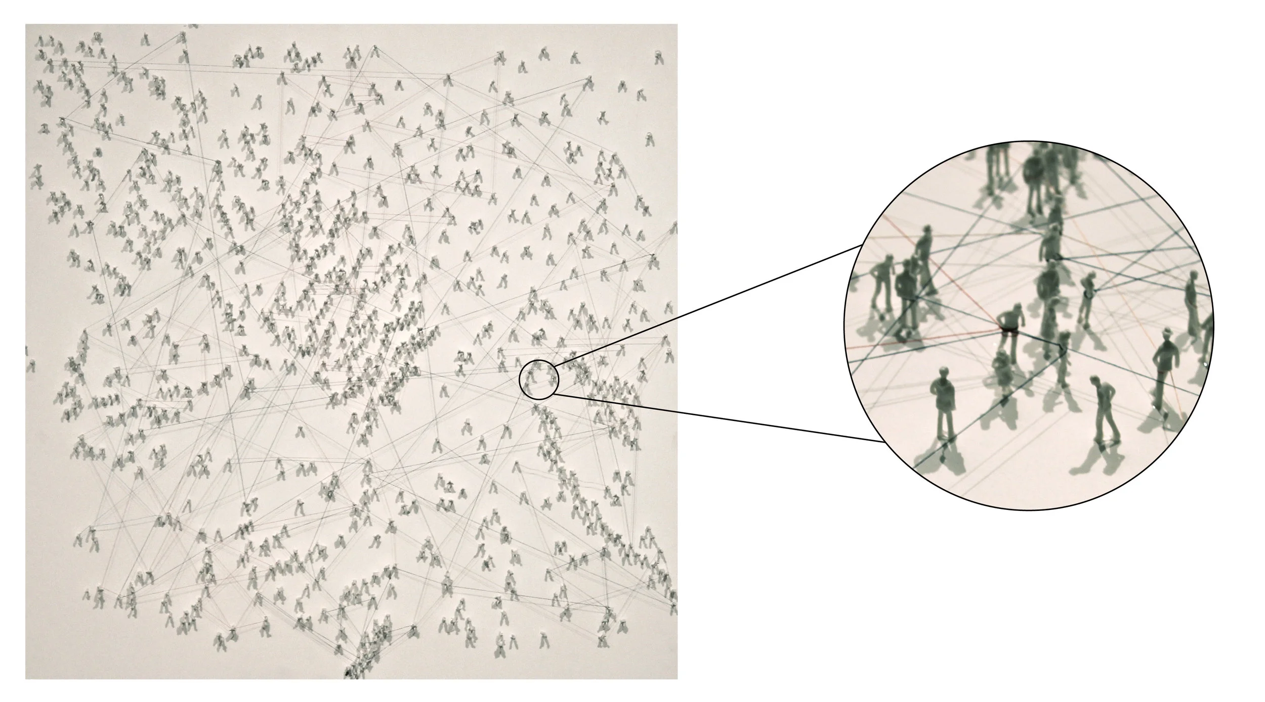Crowd Links, plastic figures, thread on canvas board, 36 x 36 inches, 2011 🔴