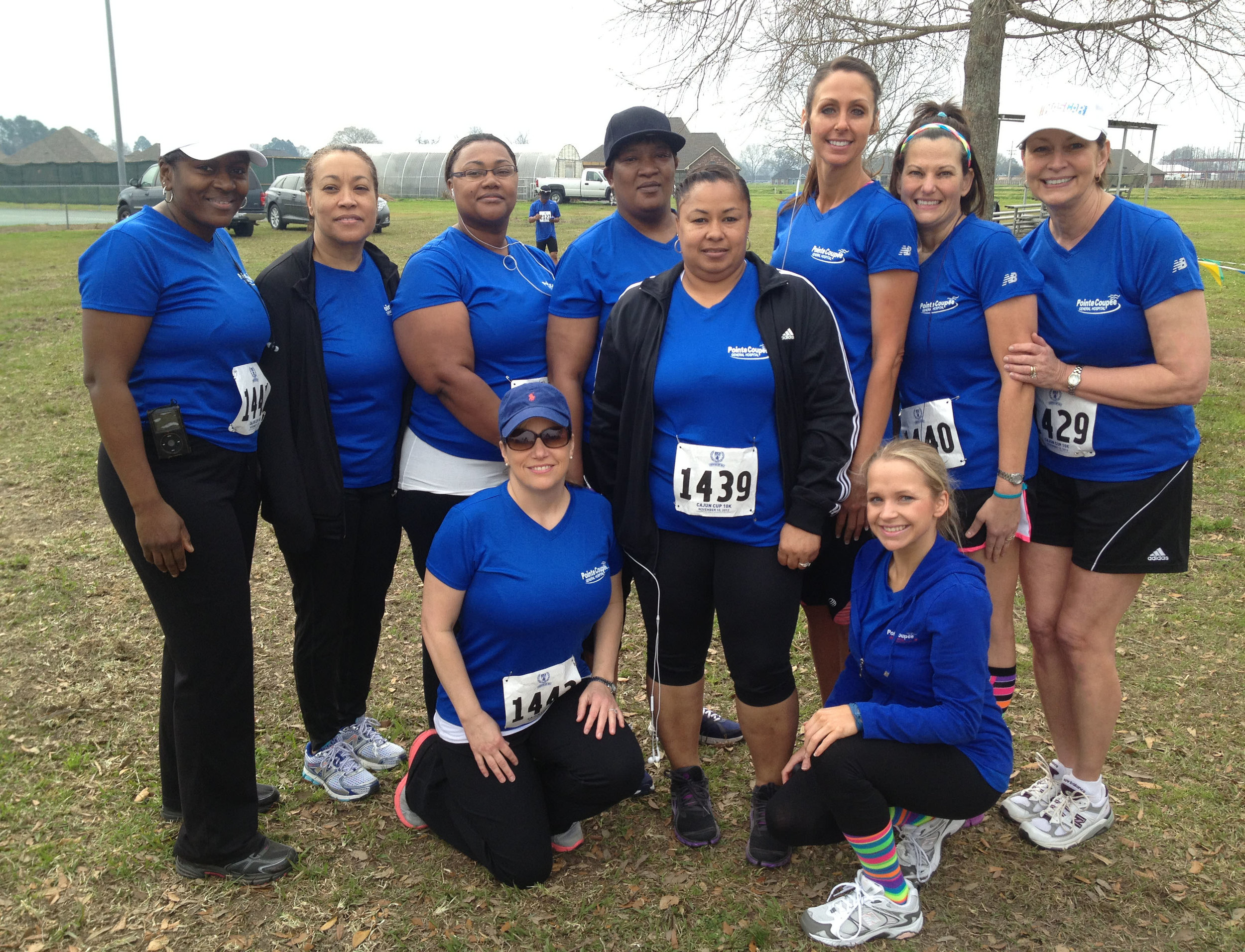  PCGH employees who participated in the 4 mile (6.4 km) Pecan Classic Run are pictured left to right: Standing: Wanda Demoulin, Dania Tolliver, Stephanie Chaney, Connie Joseph, Monette Barre, Roxane Jewell, Paula Guidroz, and Elaine Hurme. Kneeling: 