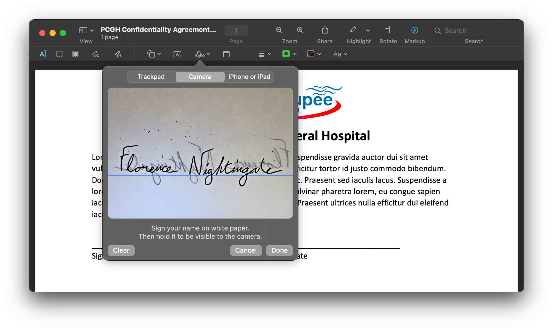  Example of using your Mac’s camera to scan your signature. 