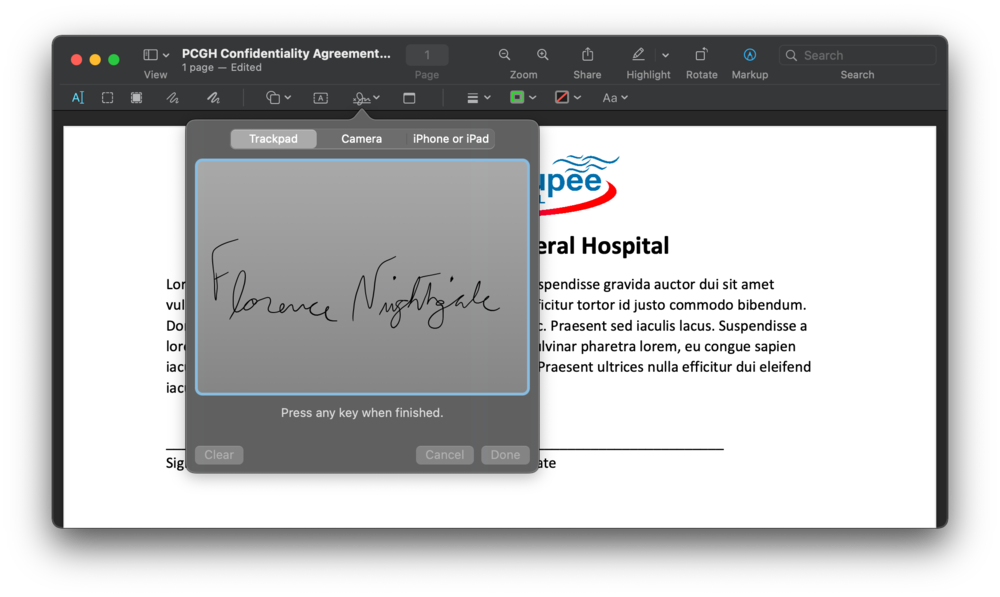  Example of using your trackpad to create your signature. 