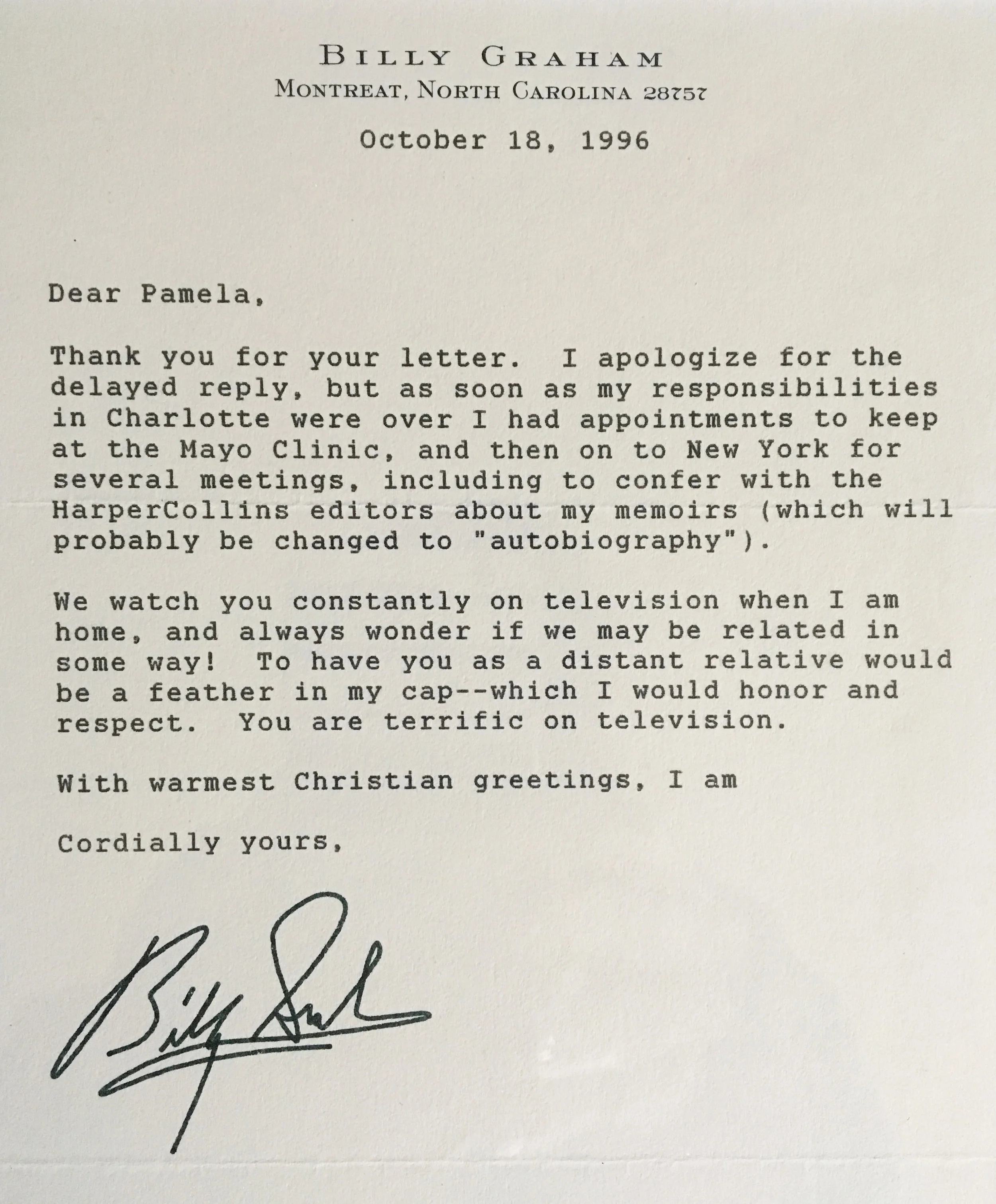 Letter from  Rev. Billy Graham