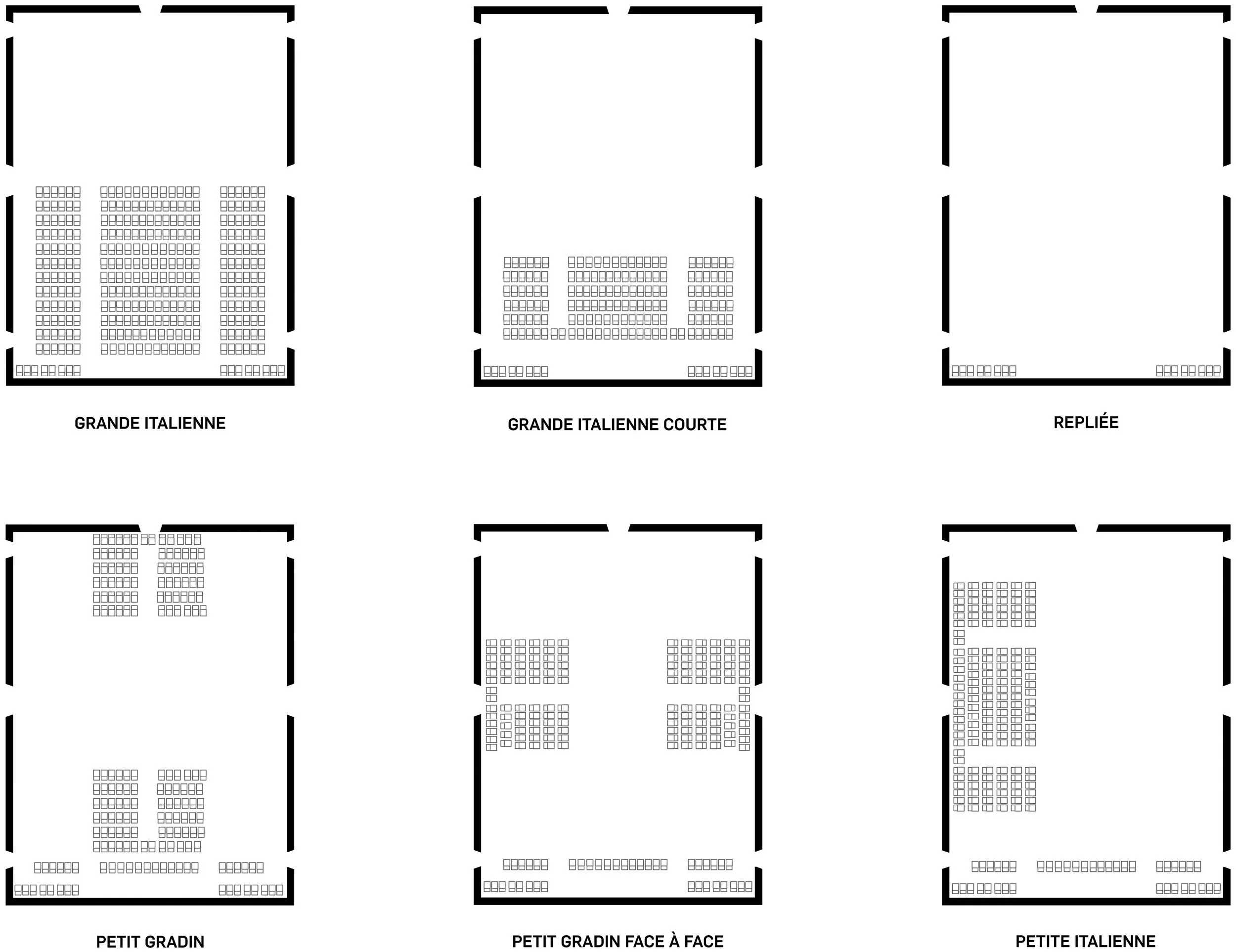 Dessins en plan montrant les six configurations possibles de la salle modulable du Grand Espace : grande italienne, grande italienne courte, repliée, petit gradin, petit gradin face à face, et petite italienne.