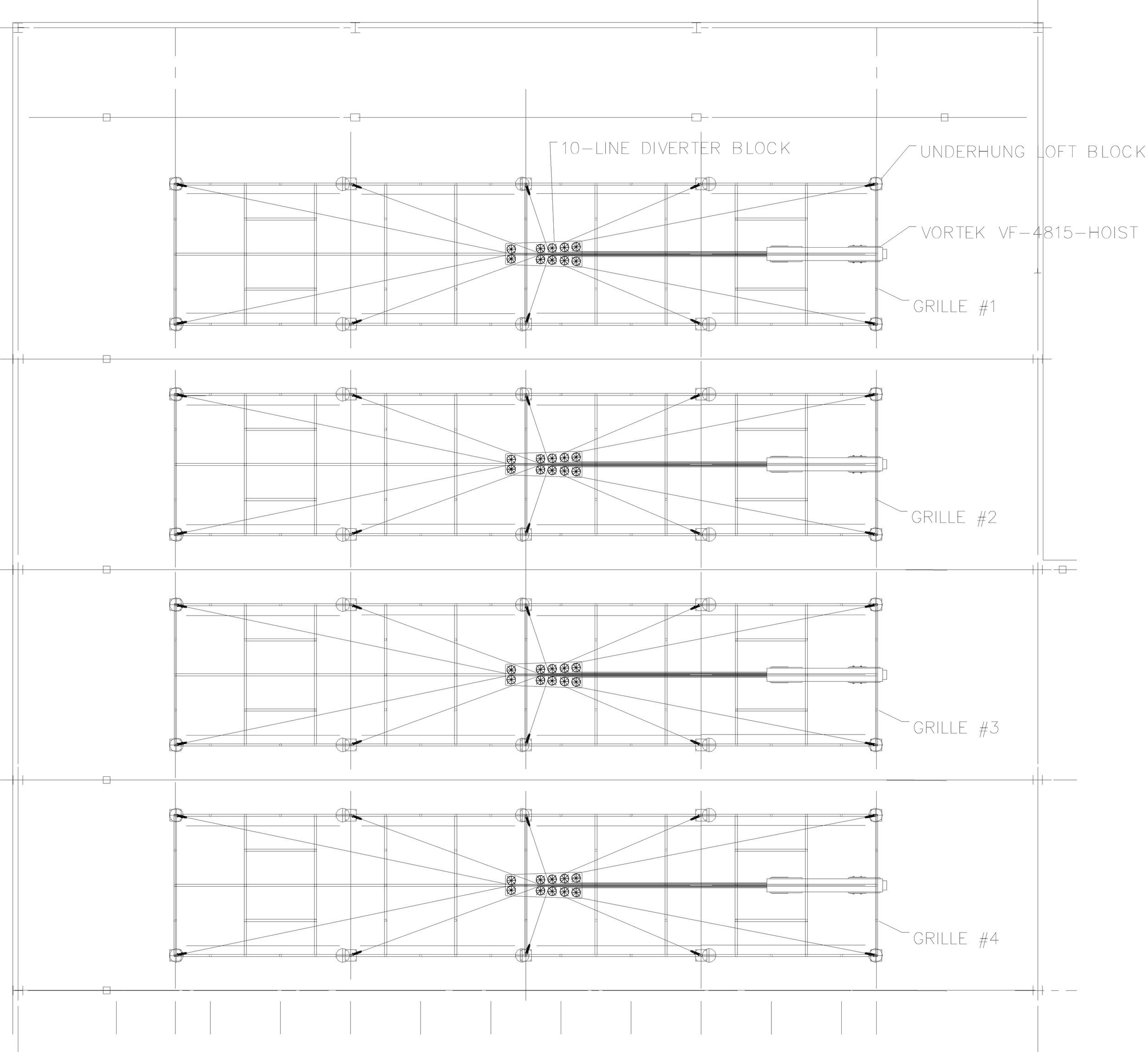 Technical ceiling plan drawing showing the network of cables and diverter blocks for the motorized rigging system in Le Grand-Espace.