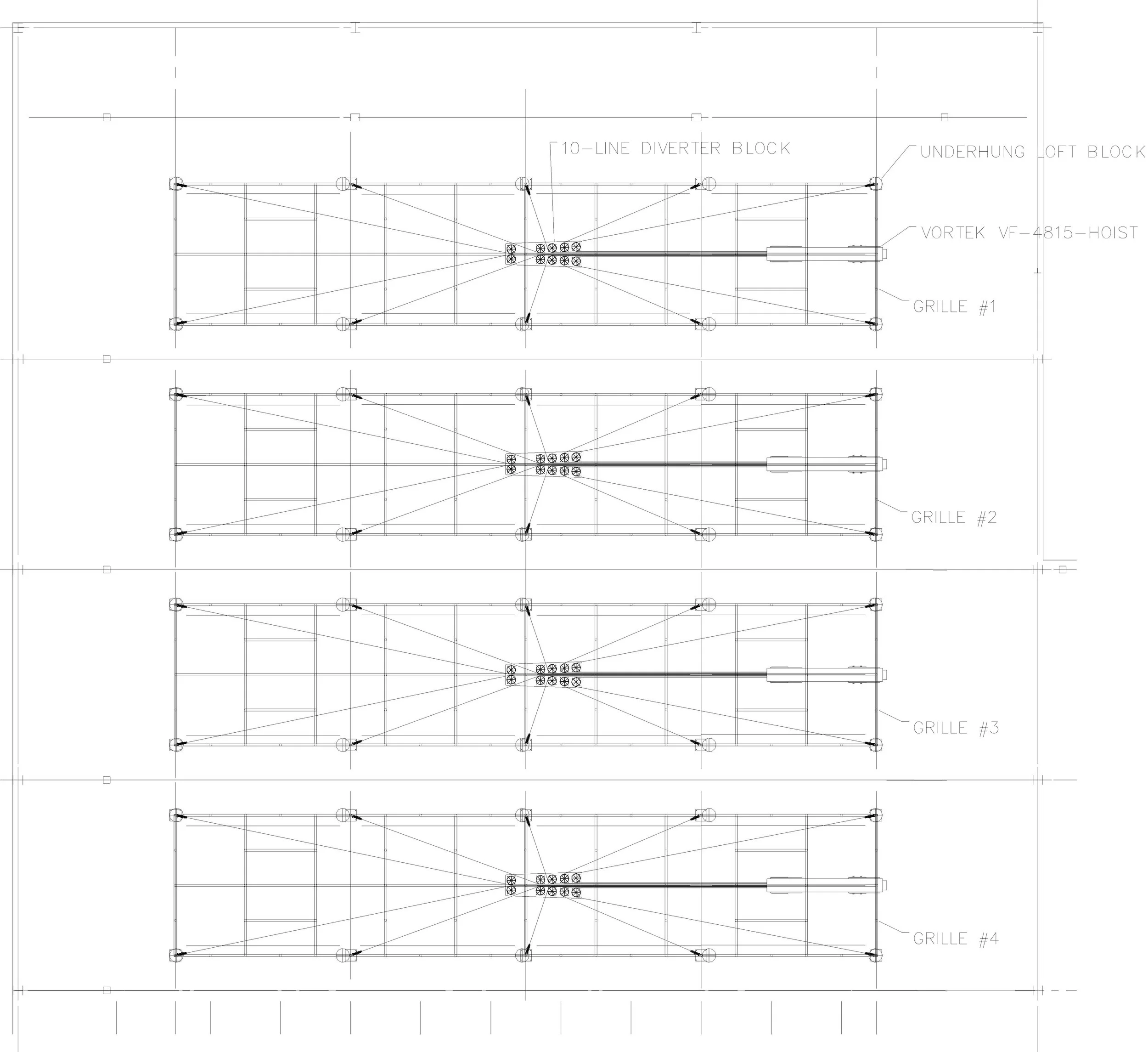 Dessin technique en plan illustrant le réseau complexe de câbles et de poulies (loft blocks) soutenant les quatre grilles motorisées du système de levage produit par Show SDT au-dessus de la salle du Grand Espace.