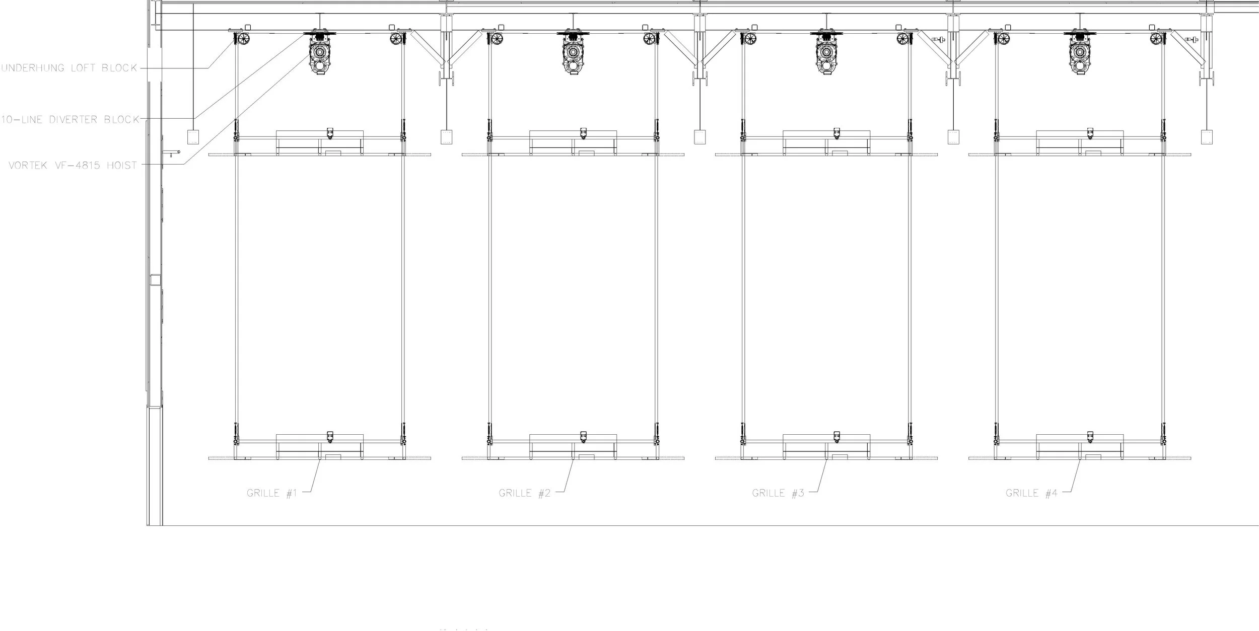 Technical elevation drawing showing the layout of the hoist motors and the four suspended technical grids in Le Grand-Espace.