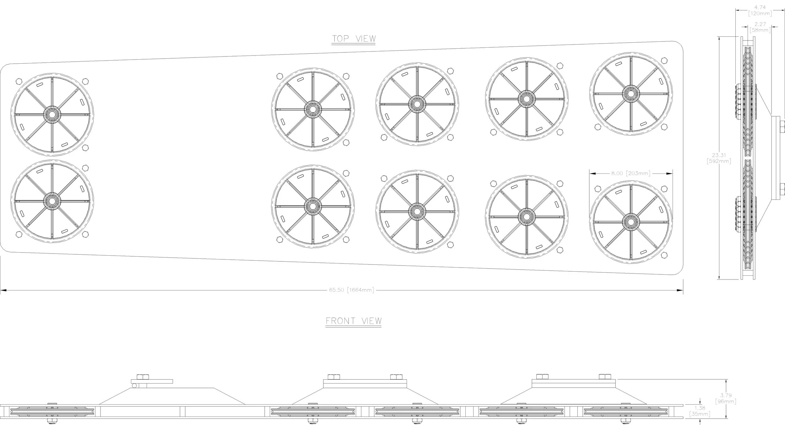 Dessin de détail mécanique (vues de dessus, de face et de côté) d'un ensemble de poulies multipistes utilisé pour le système d'accrochage scénographique du Grand Espace.