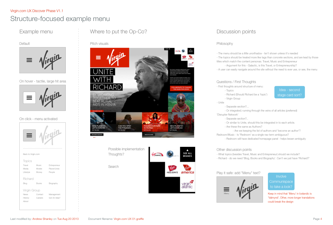 A version of the new Virgin.com menu that had validated positively through panel-based user testing