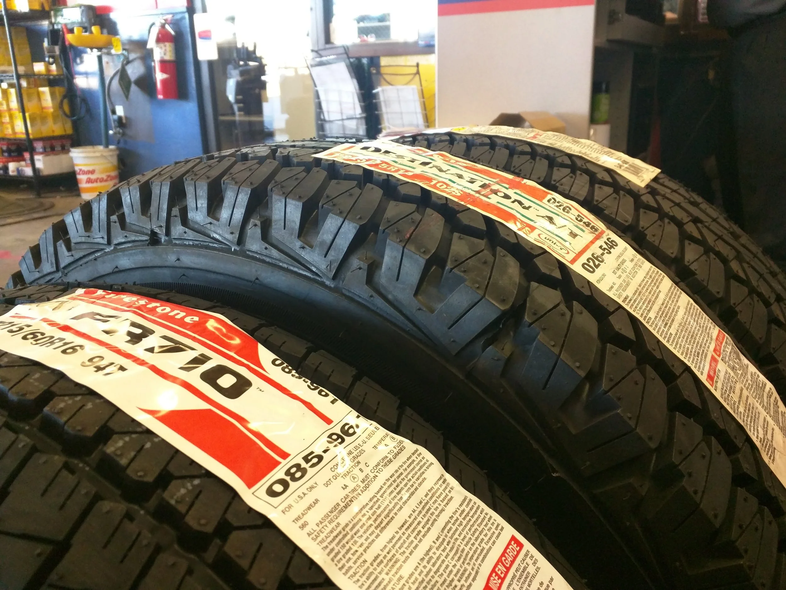 Stock size tire up front 215/60r16 , 225/75 in the middle and 235/70 on the far side
